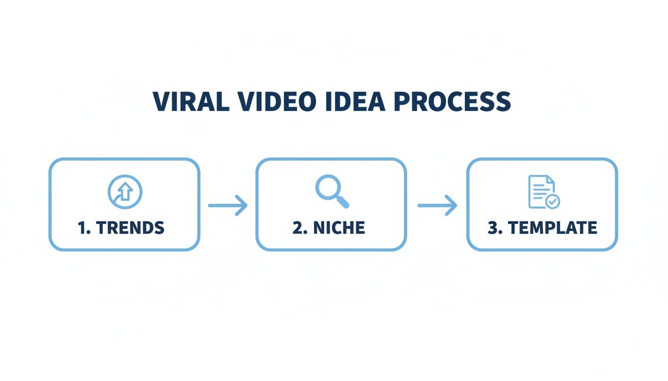 Diagram illustrating the three-step viral video idea process: Trends, Niche, and Template.