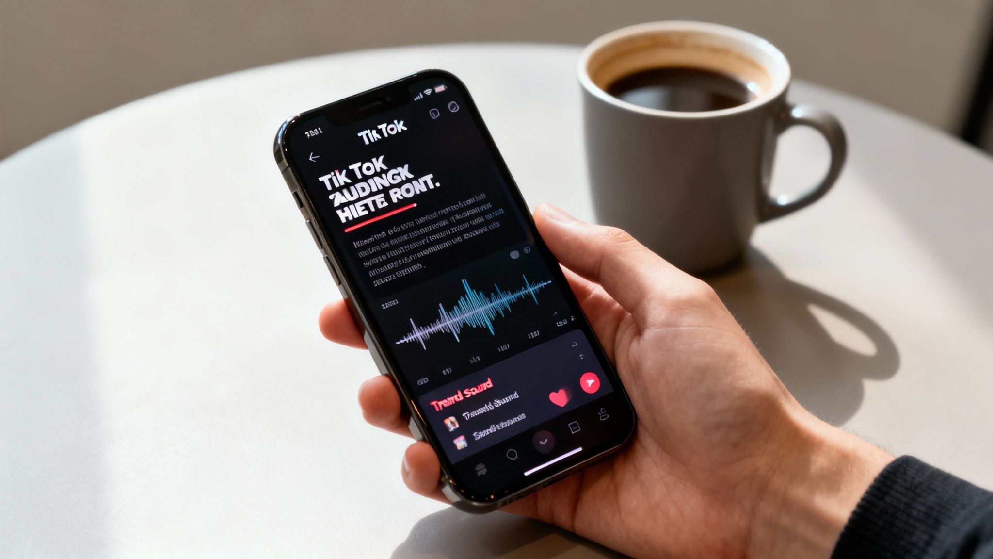 A hand holds a smartphone displaying the TikTok app with a sound wave, next to a coffee cup on a table.