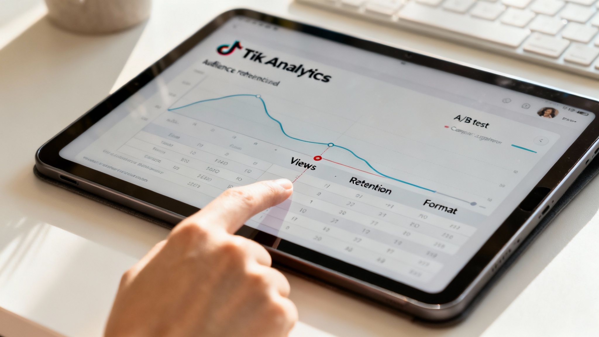 A person's hand touches a tablet displaying TikTok analytics, showing views, retention graph, and an A/B test.