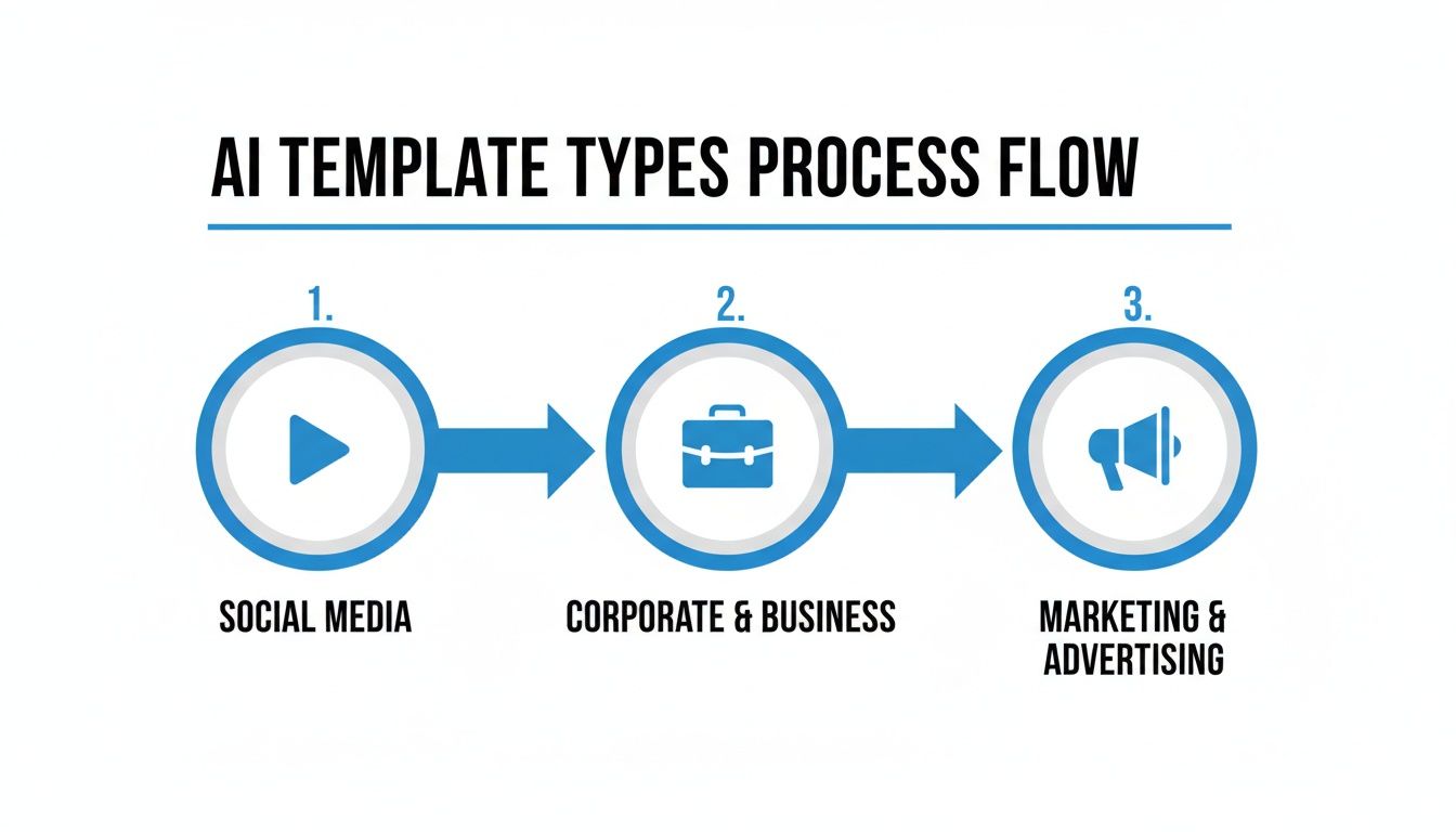 A process flow diagram showing three AI template types: Social Media, Corporate & Business, and Marketing & Advertising.