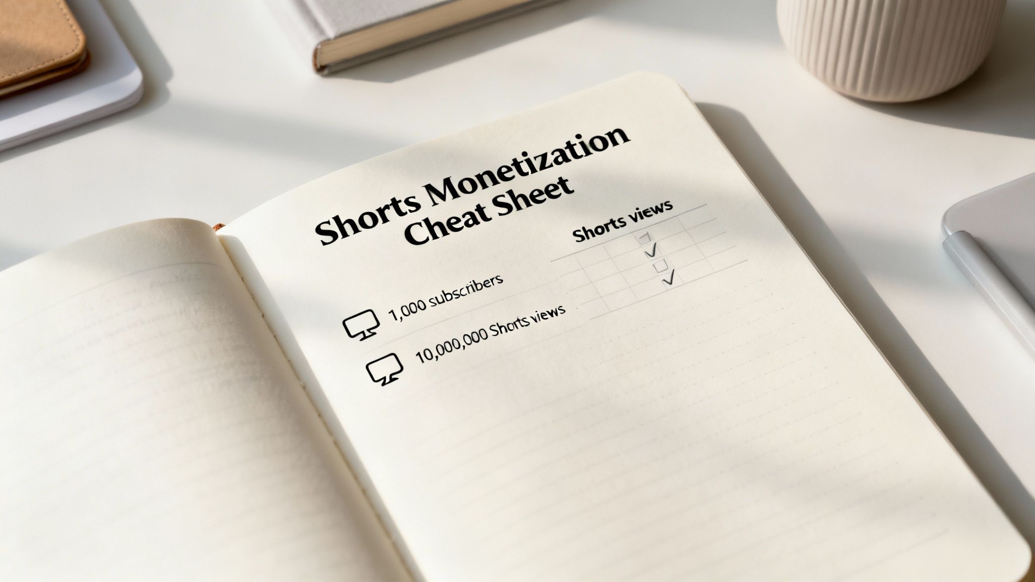 Open notebook with YouTube Shorts monetization requirements: 1,000 subscribers and 10 million views.
