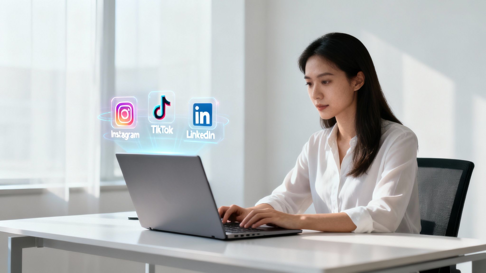 A social media manager using a laptop with AI-generated content ideas displayed on the screen.