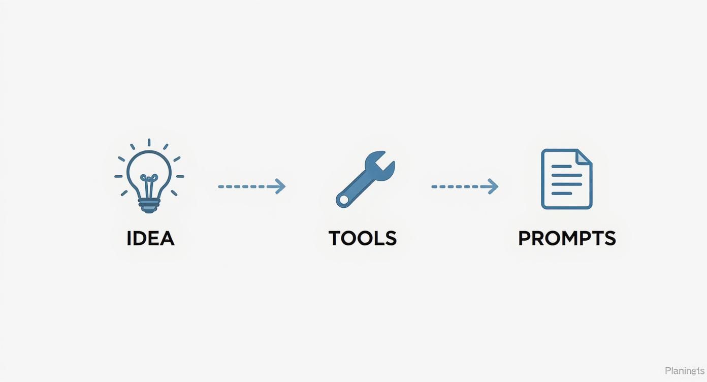 A diagram illustrating the creative process from an idea (lightbulb) through tools (wrench) to prompts (document).