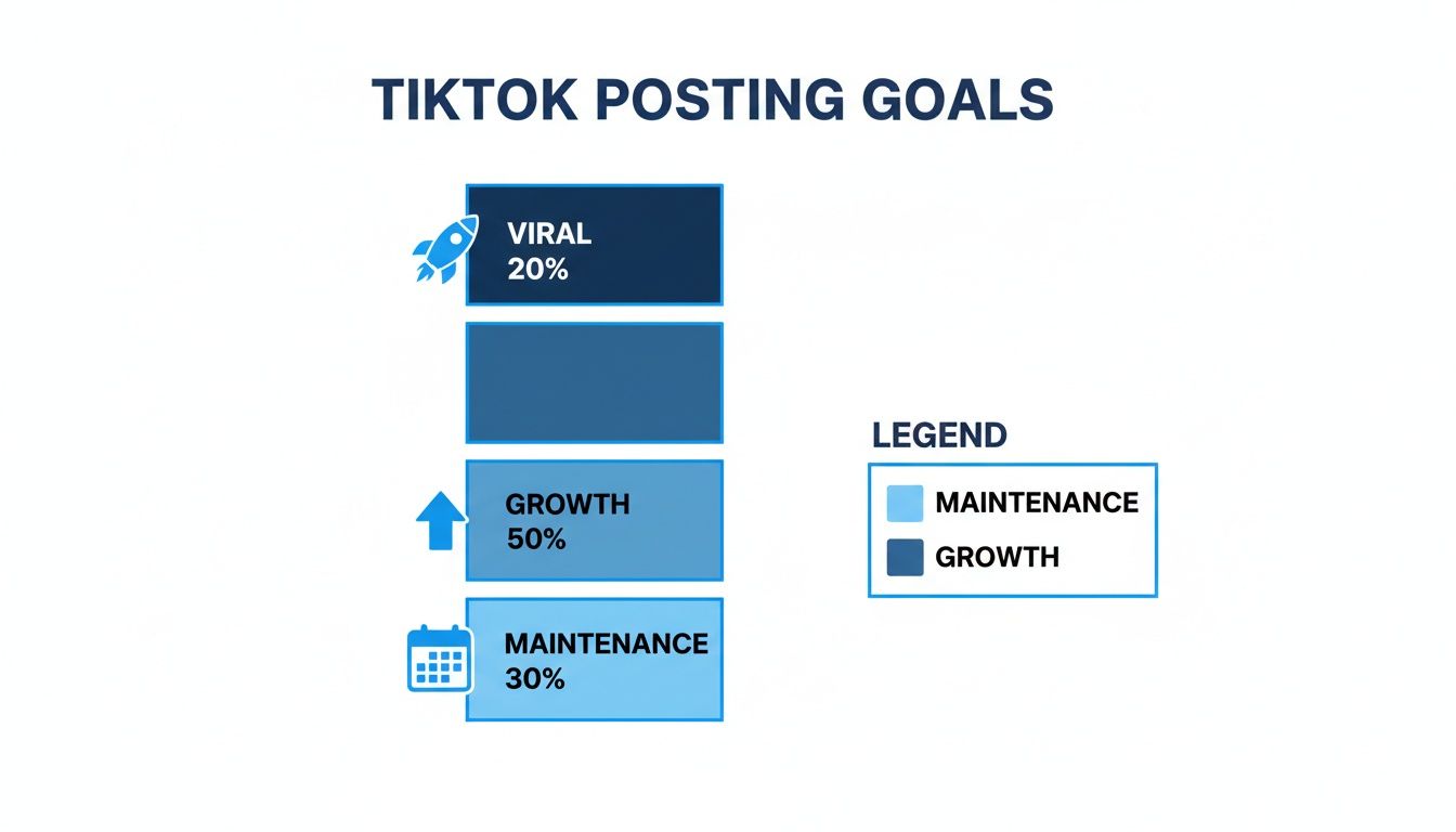 Infographic detailing TikTok posting goals: Viral (20%), Growth (50%), and Maintenance (30%).