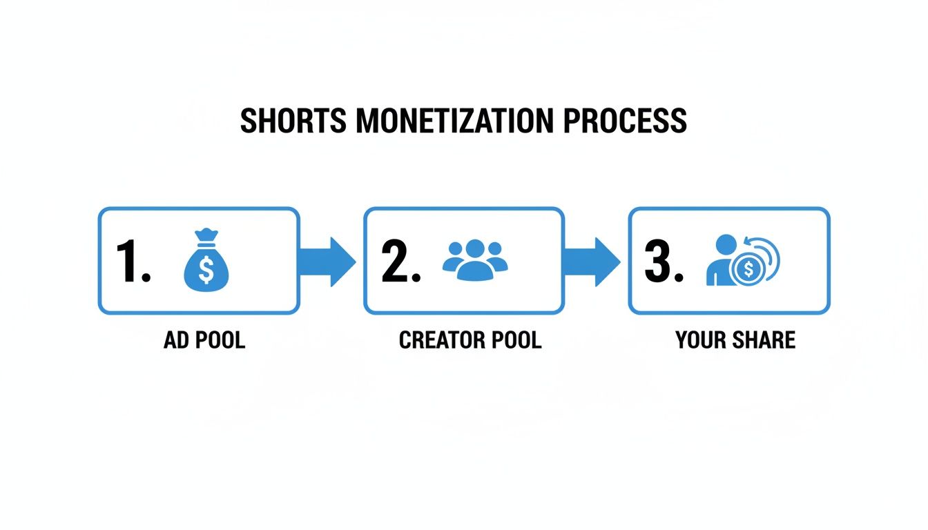 A flowchart illustrates the YouTube Shorts monetization process from ad revenue to creator earnings.