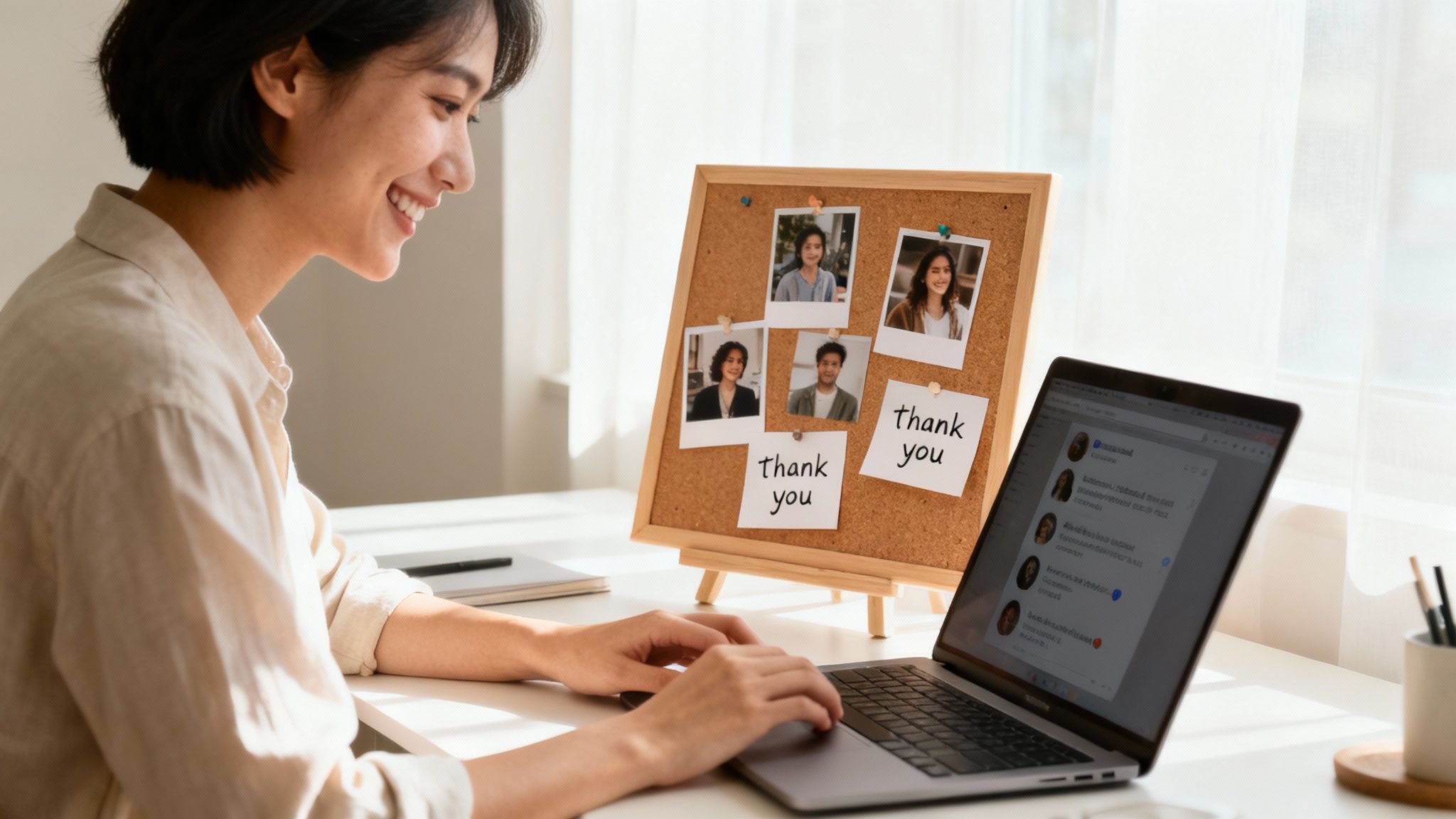 Smiling woman interacting on a laptop, with a cork board displaying photos and appreciation notes.
