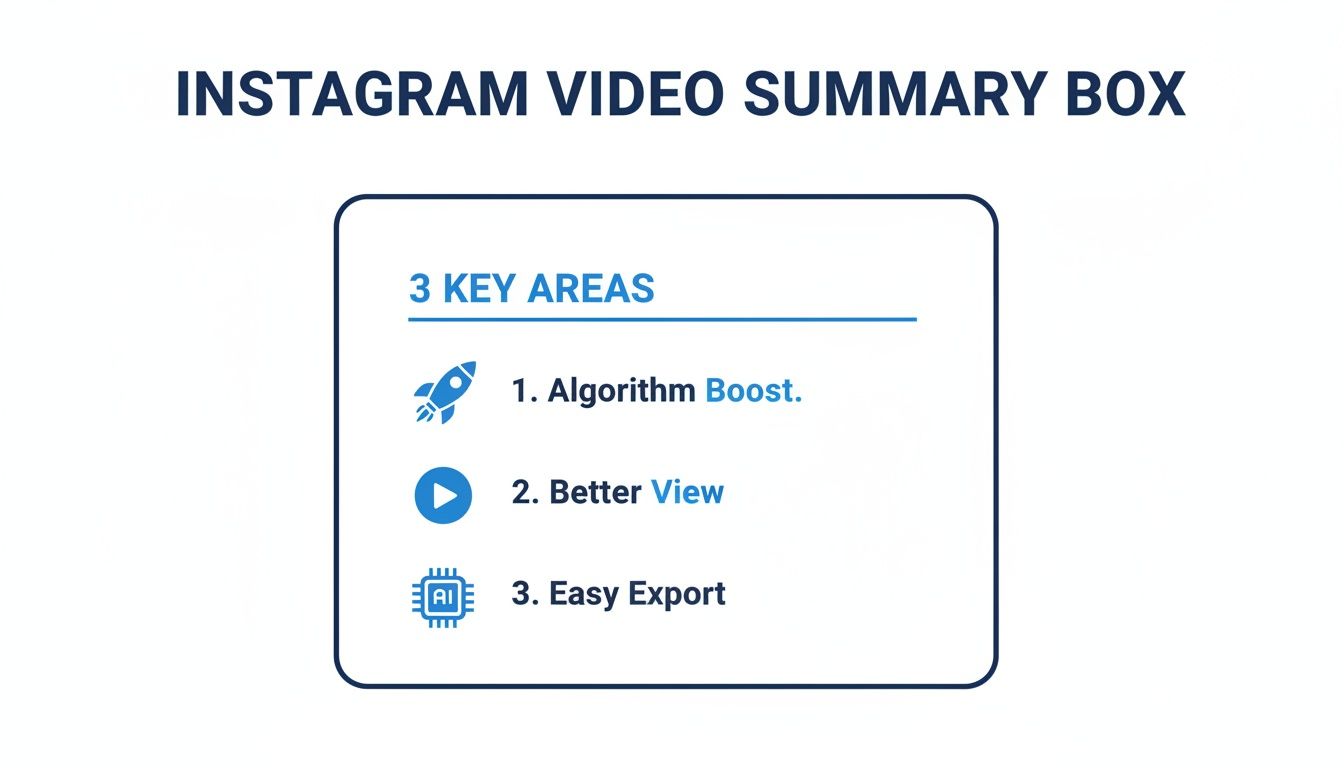 A slide titled 'INSTAGRAM VIDEO SUMMARY BOX' outlining three key areas: Algorithm Boost, Better View, and Easy Export, each with an icon.