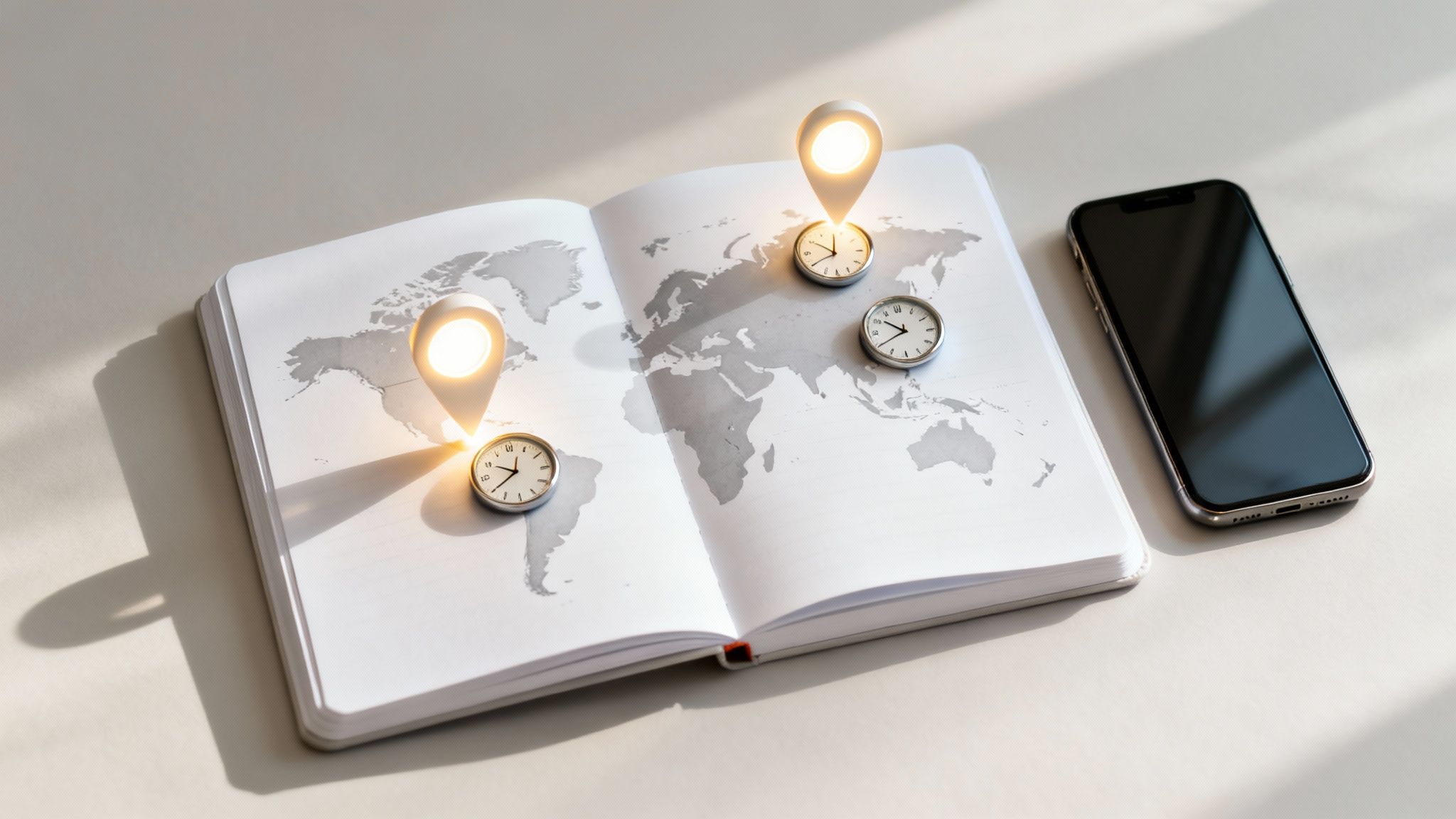 An open notebook displays a world map with multiple clocks and glowing location pins next to a smartphone.