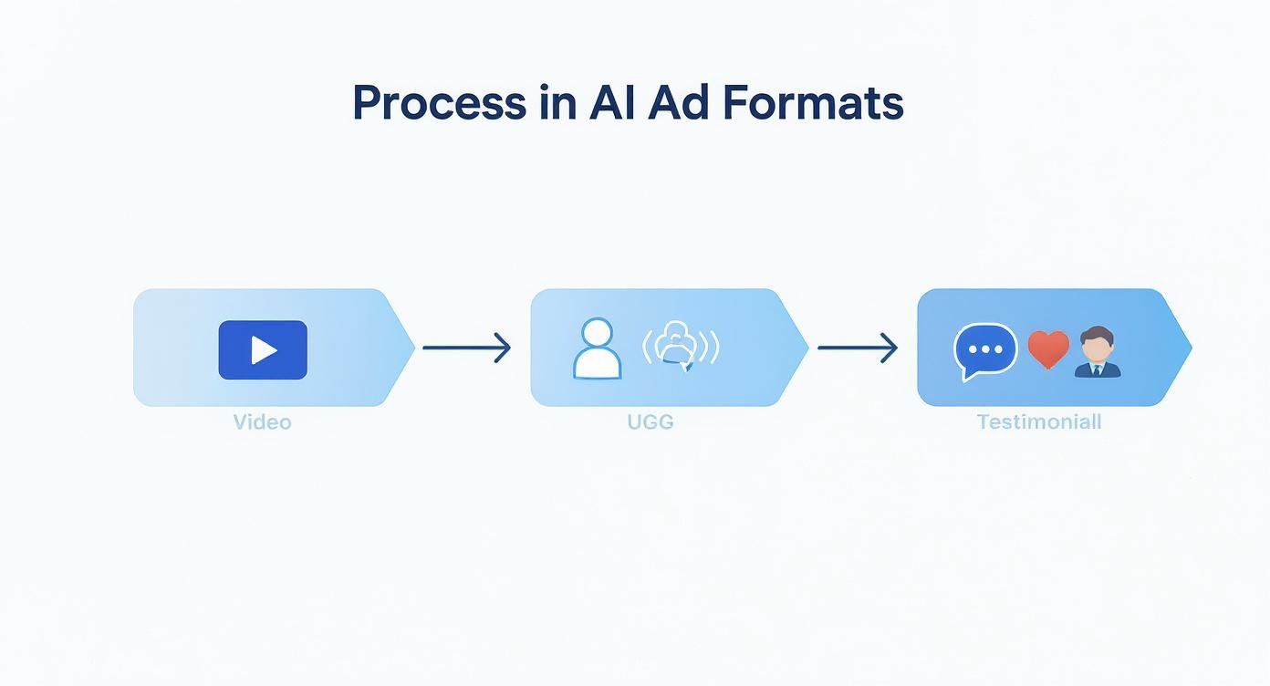 A flowchart illustrates the process in AI ad formats: from video content to user-generated content (UGC) and testimonials.