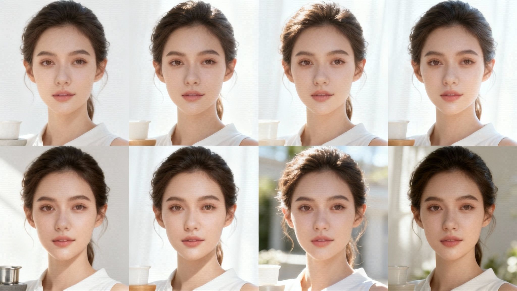 Eight consistent AI-generated portraits of the same woman showing natural variations in lighting and expression