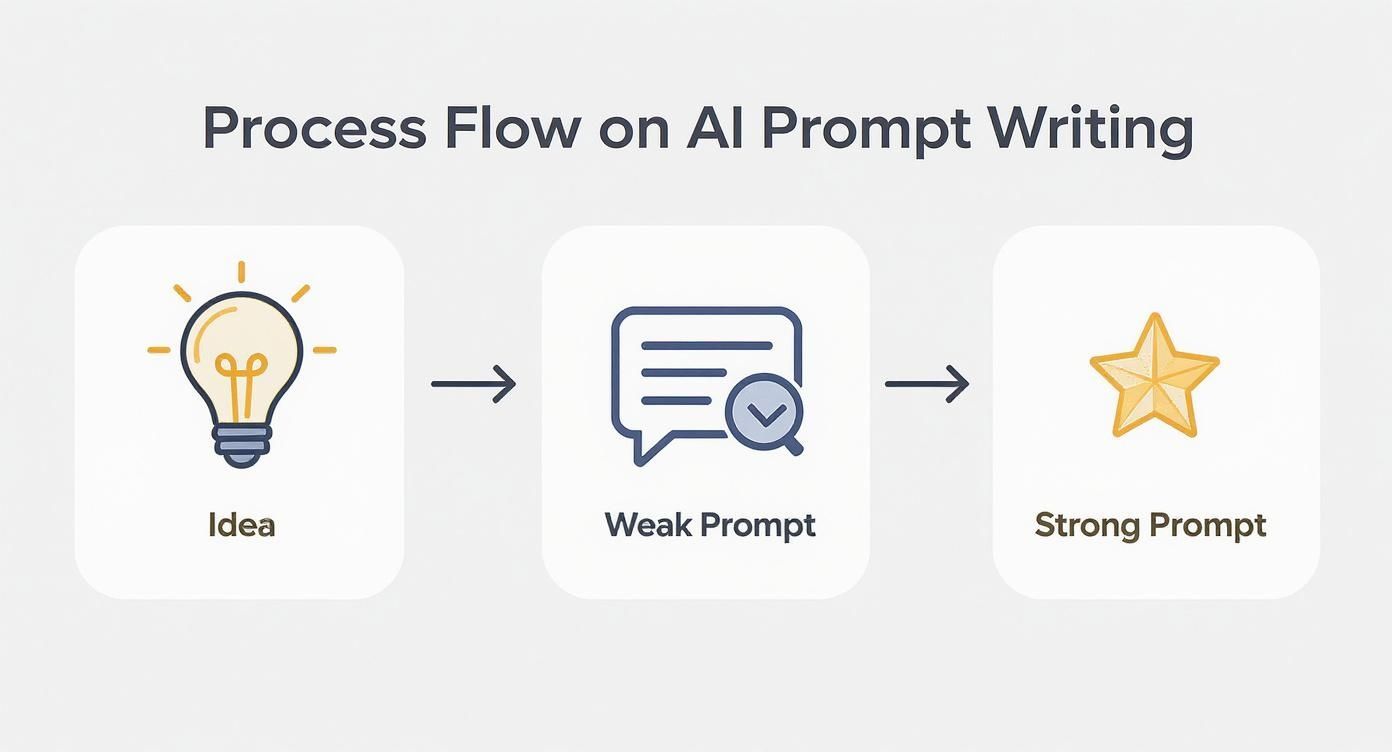 Process flow diagram showing the steps from an initial idea to a strong AI prompt.