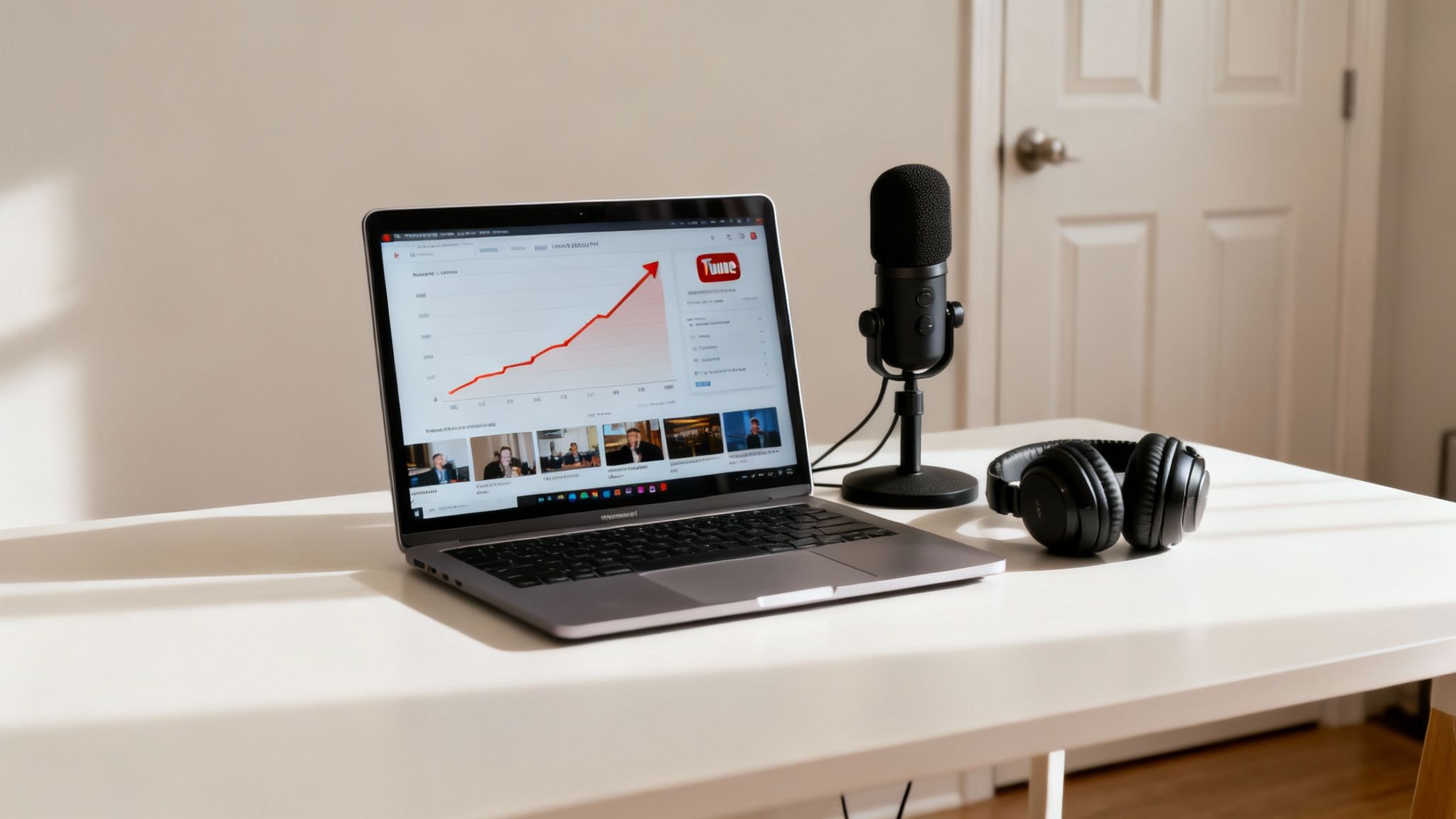 A laptop on a white desk shows YouTube analytics, a microphone, and headphones.
