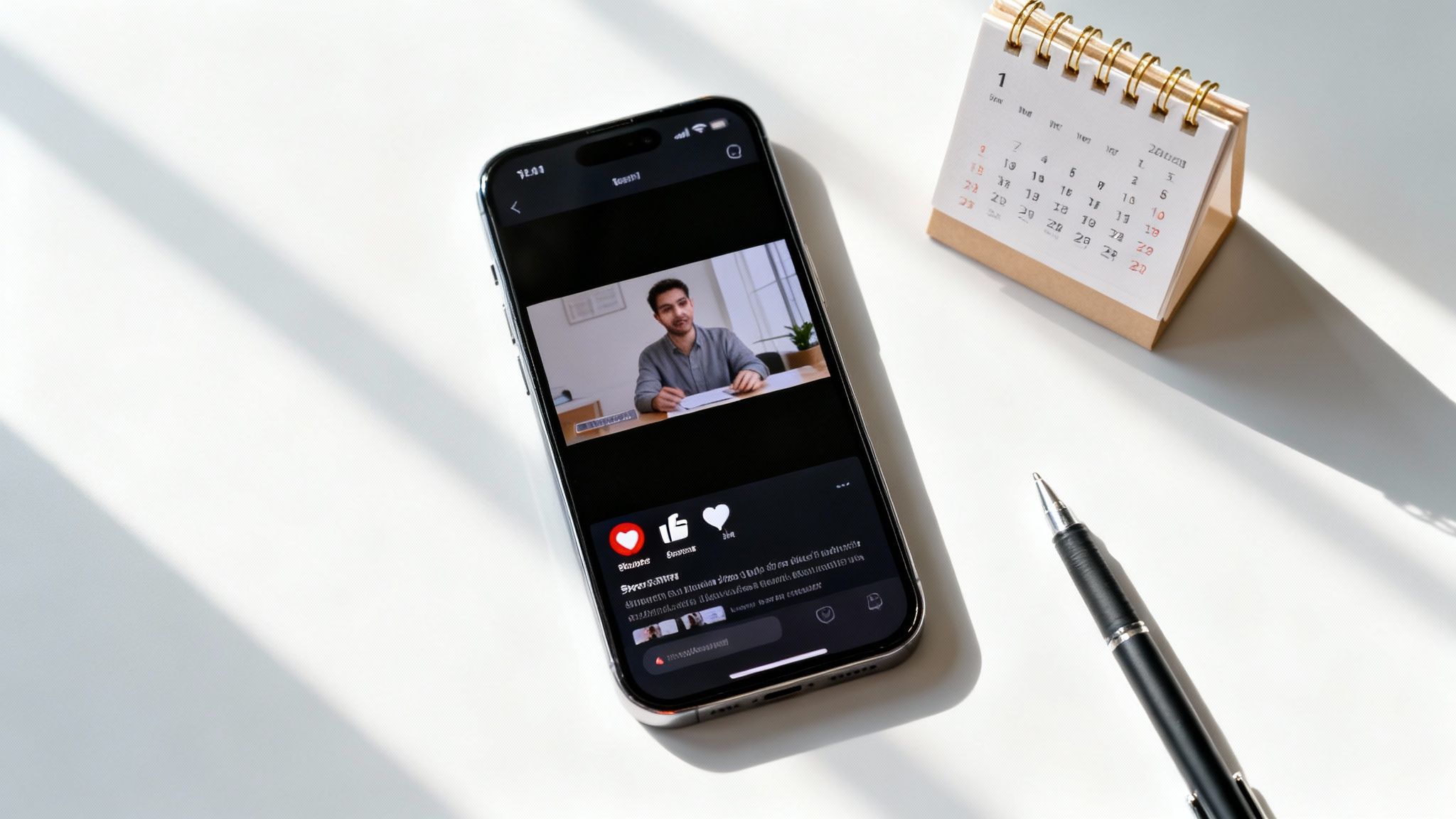 An iPhone displays a video of a man speaking, with a calendar and pen on a sunlit white desk.
