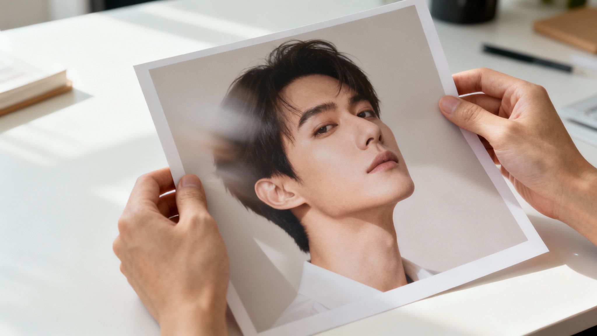 Close-up of hands holding a printed photo of a handsome Asian man on a white desk.