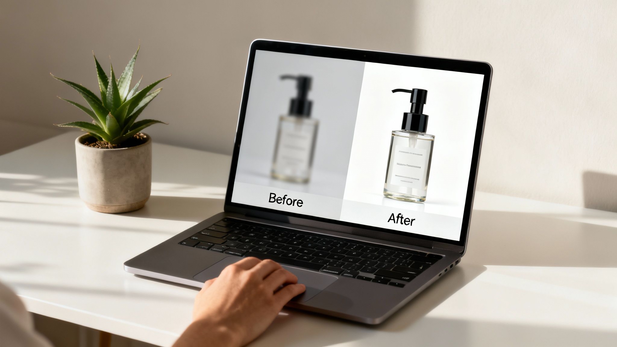 Person's hand on laptop showing AI image editing before and after a product photo.