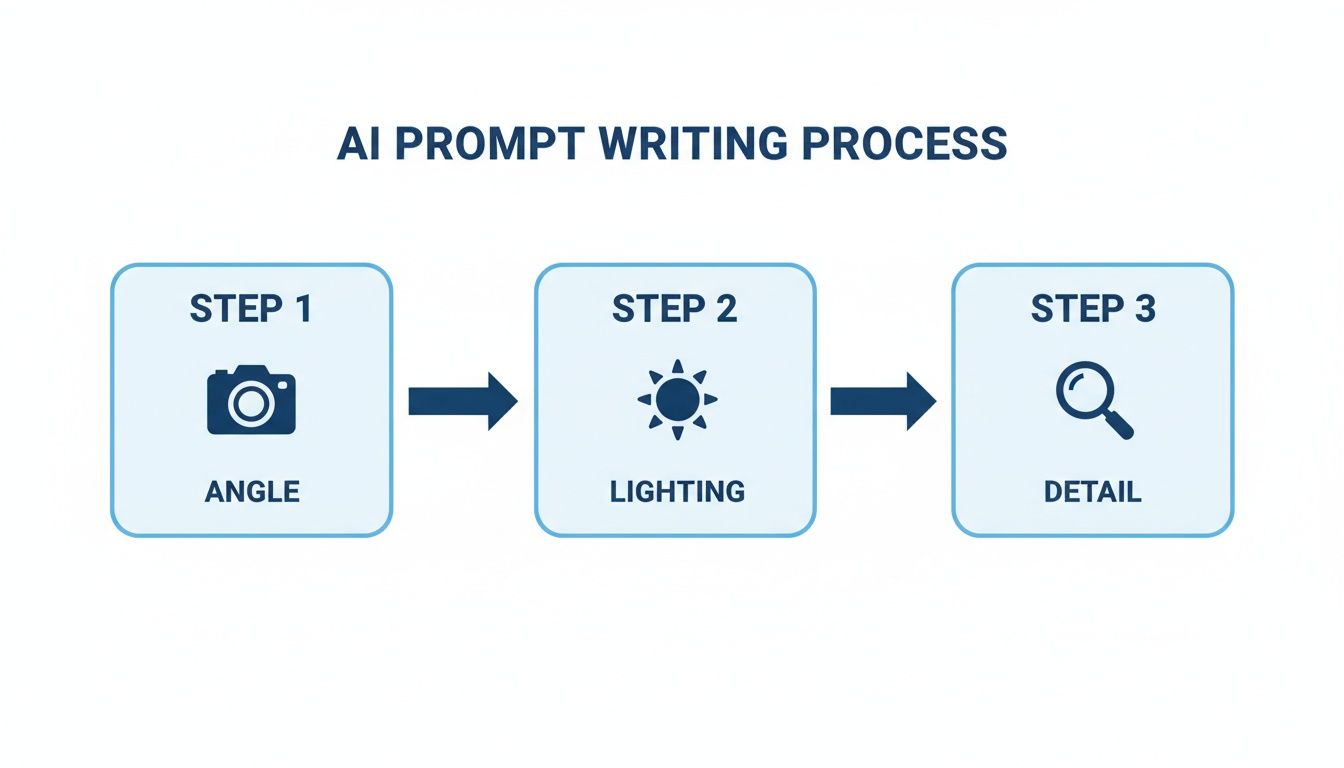 Flowchart illustrating the AI prompt writing process, covering angle, lighting, and detail in three steps.