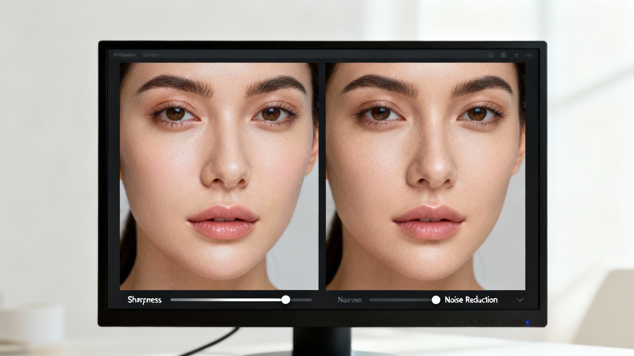 A computer monitor shows a split-screen comparison of a woman's face, demonstrating sharpness and noise reduction.