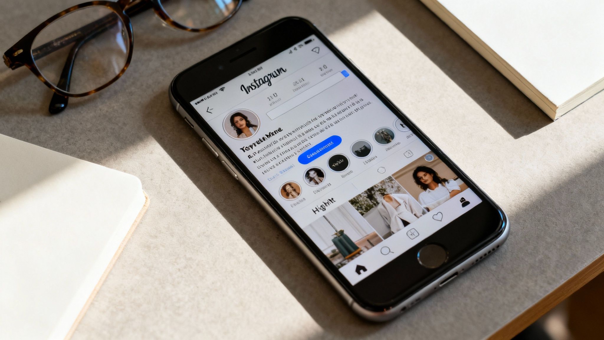 An iPhone displaying an Instagram profile on a desk with eyeglasses and notebooks.