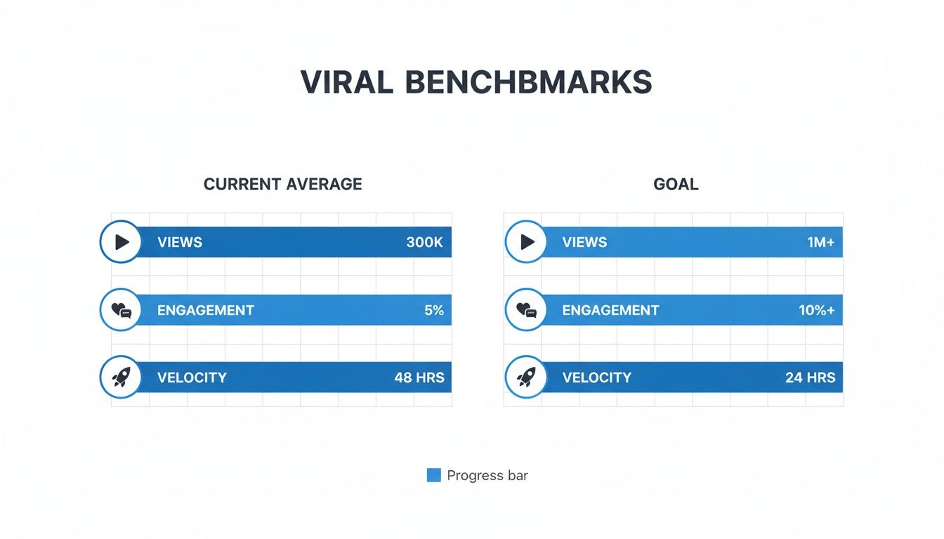 Infographic comparing current viral content benchmarks for views, engagement, and velocity against goals.