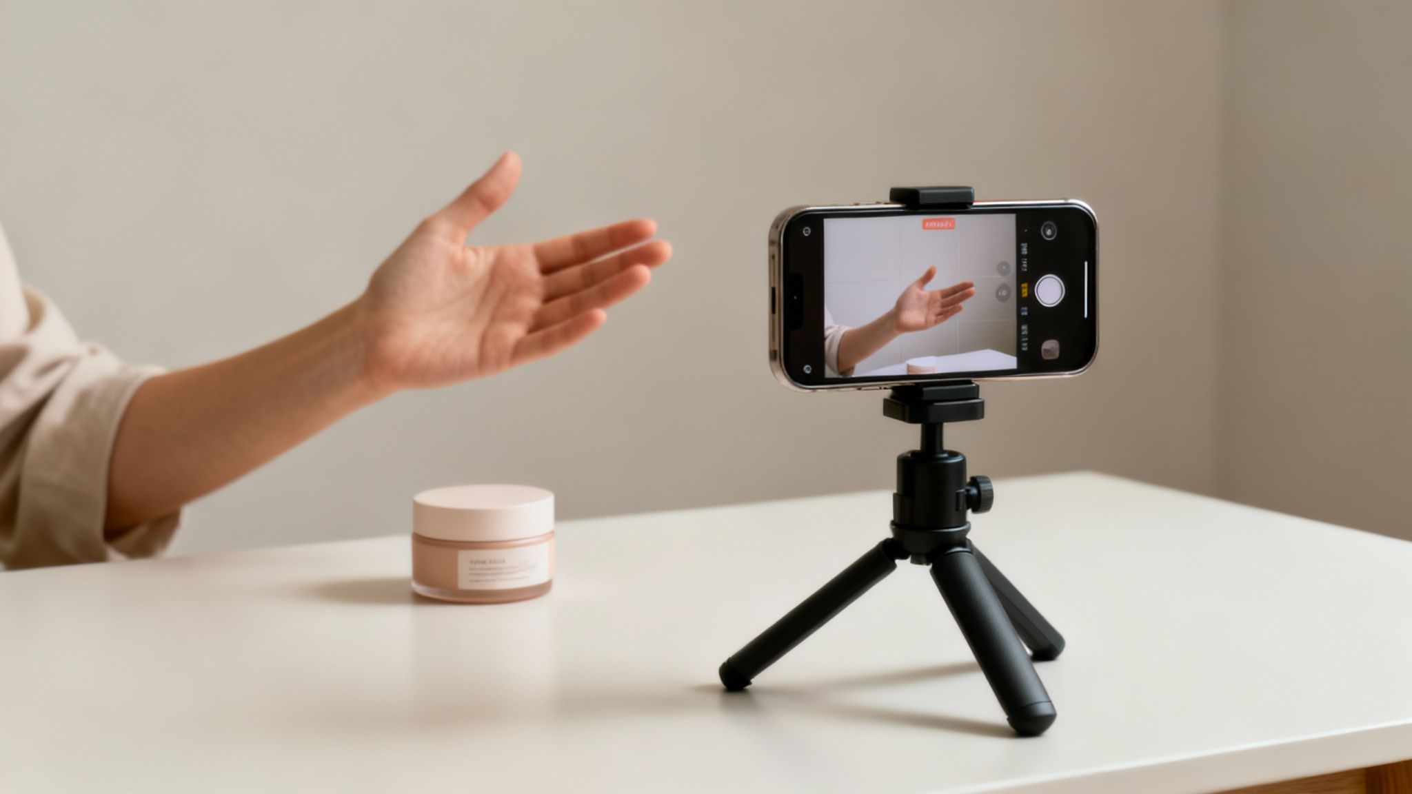 Close-up of a person's hand gesturing while recording a social media video with a phone and a cosmetic jar.