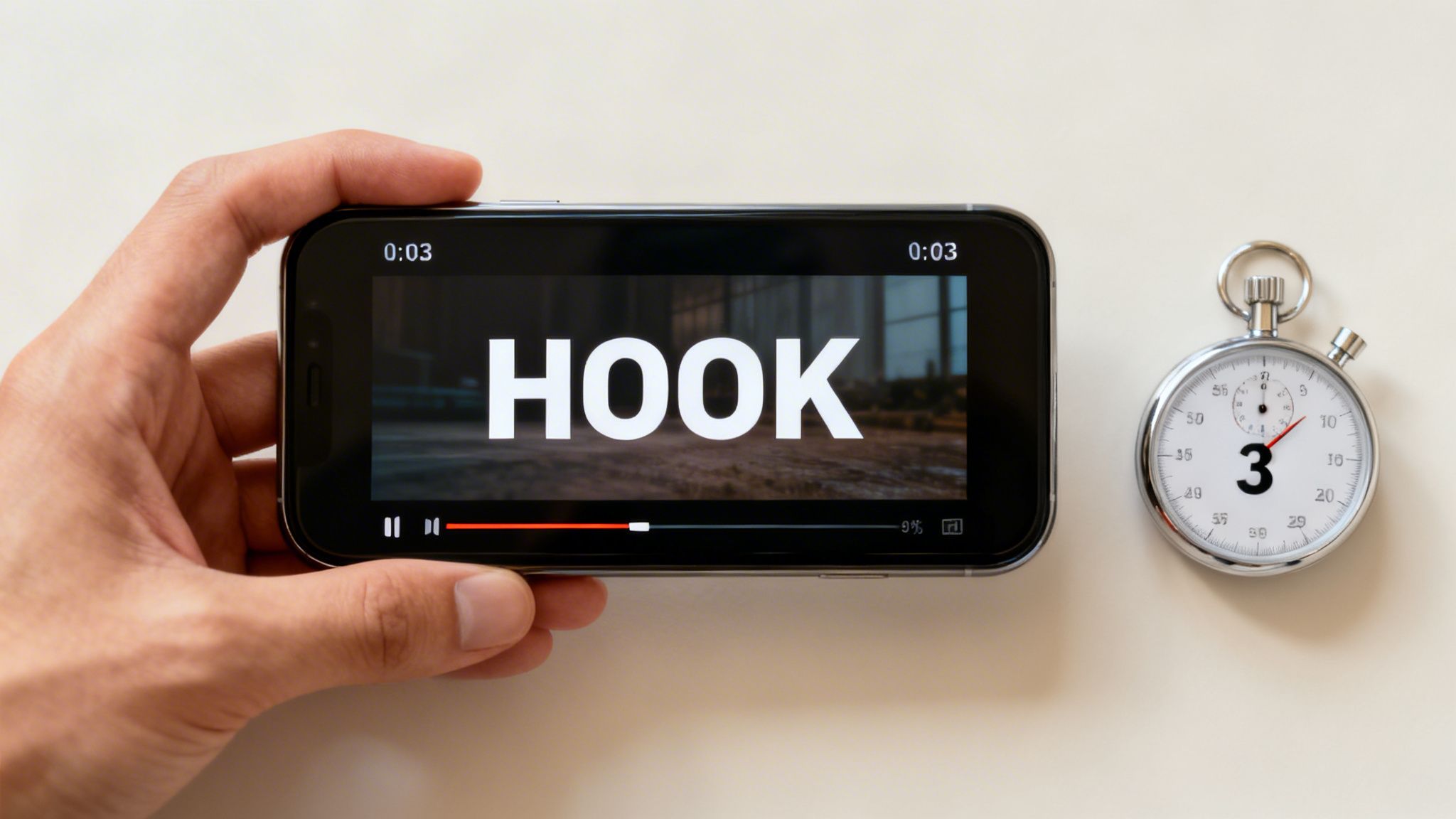 A hand holds a smartphone playing a video with the word 'HOOK' and a stopwatch showing 3 seconds.