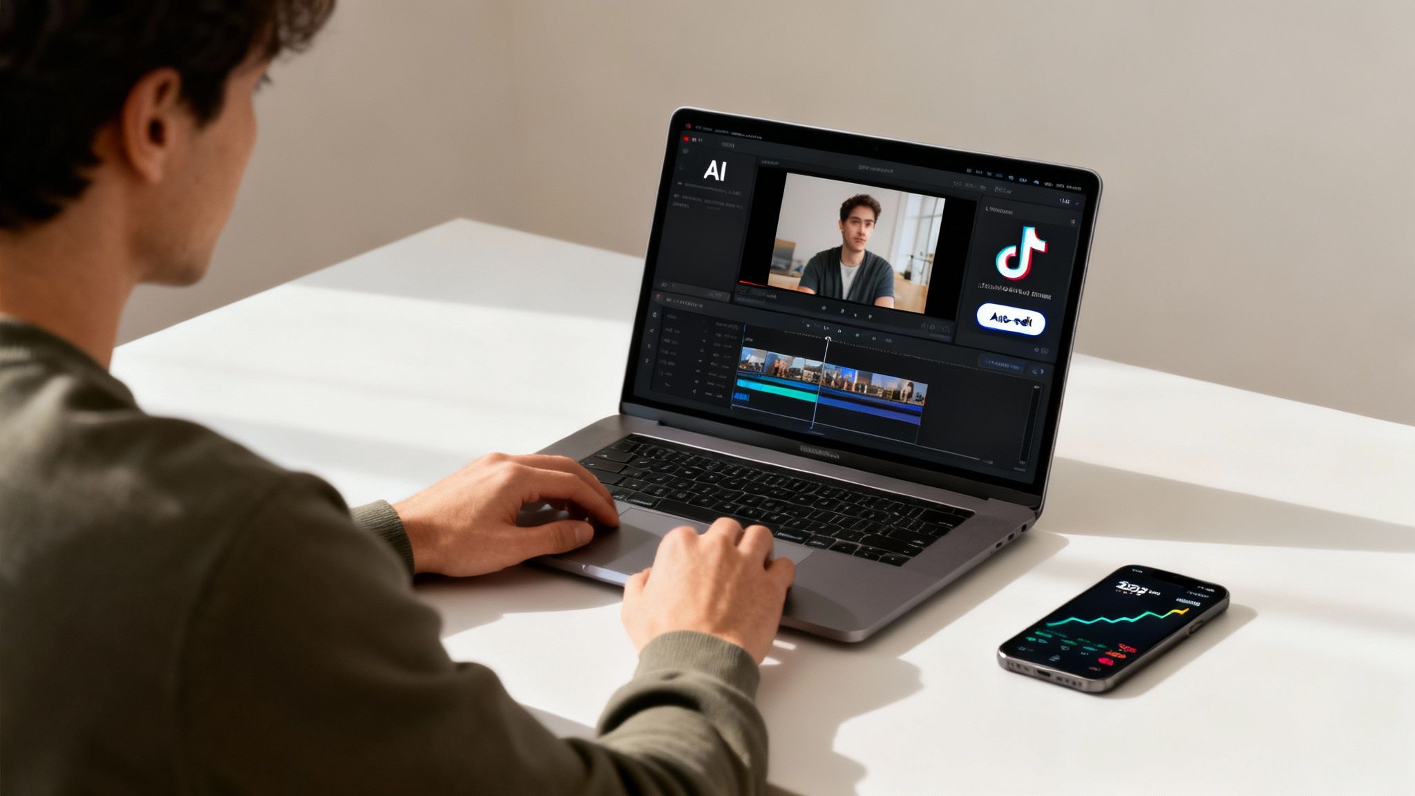 A person uses a laptop for AI video editing with a TikTok export option and a smartphone.