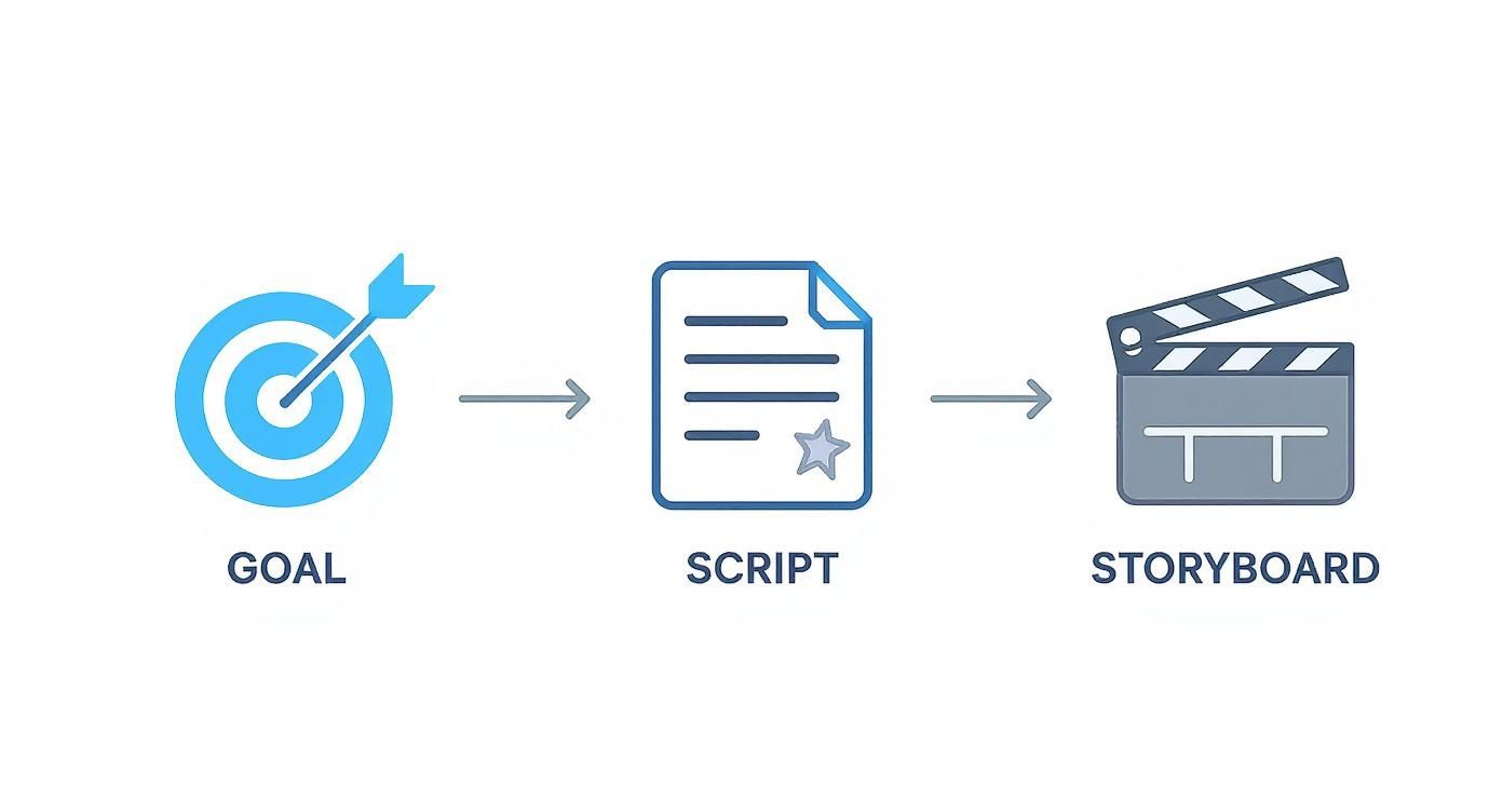A visual representation showing the process from goal setting to scriptwriting and finally to creating a storyboard.