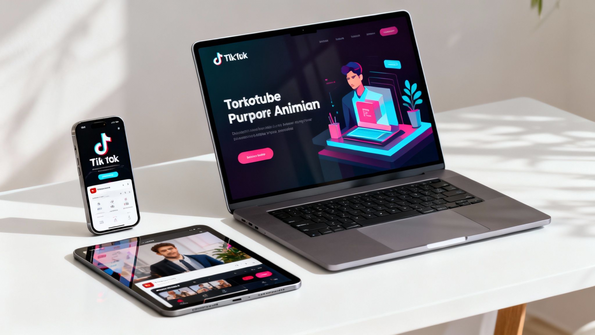 Digital devices: a laptop, smartphone, and tablet, displaying TikTok and a video editing website, on a clean white desk.