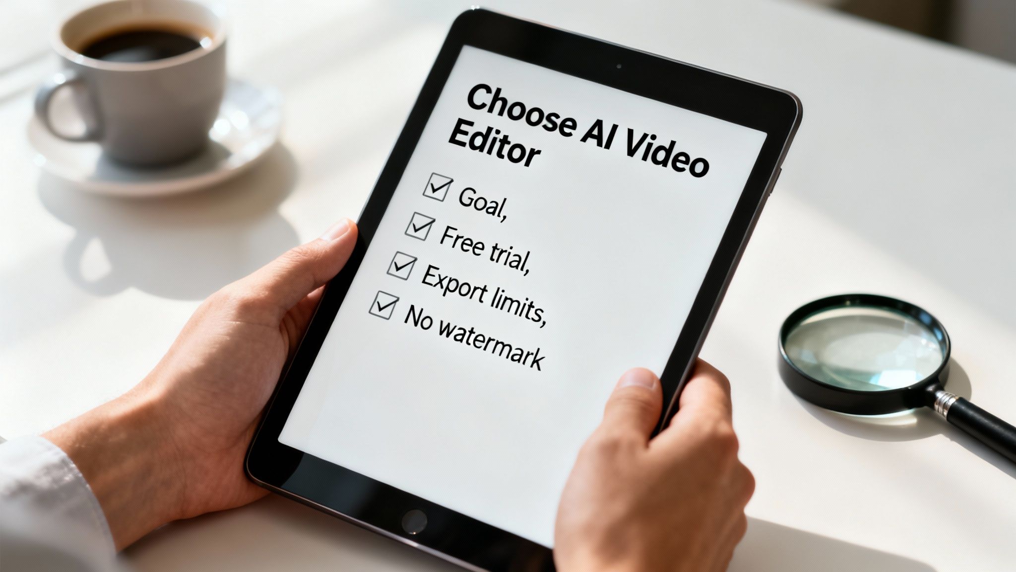 A person holds a tablet displaying a checklist titled "Choose AI Video Editor" with checked items.