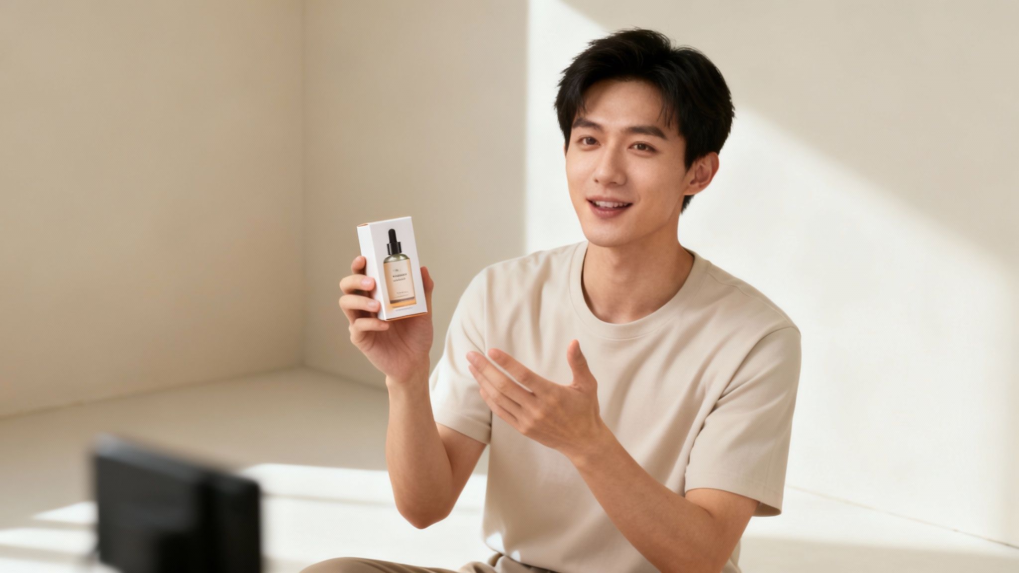 Smiling Asian man holding a skincare dropper bottle, demonstrating it for a video.