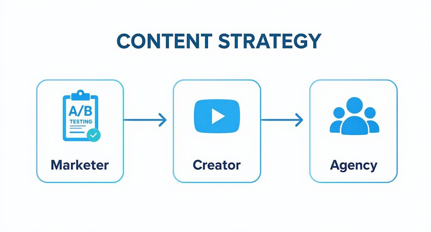 Infographic showing the content strategy process flow for marketers, creators, and agencies using creative AI video tools.