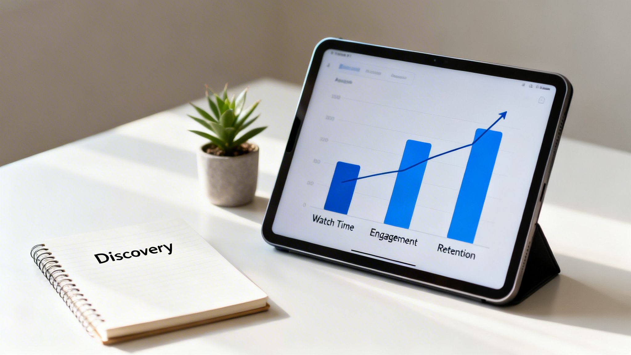 Tablet with a growth chart for watch time, engagement, and retention, next to a 'Discovery' notebook and plant.