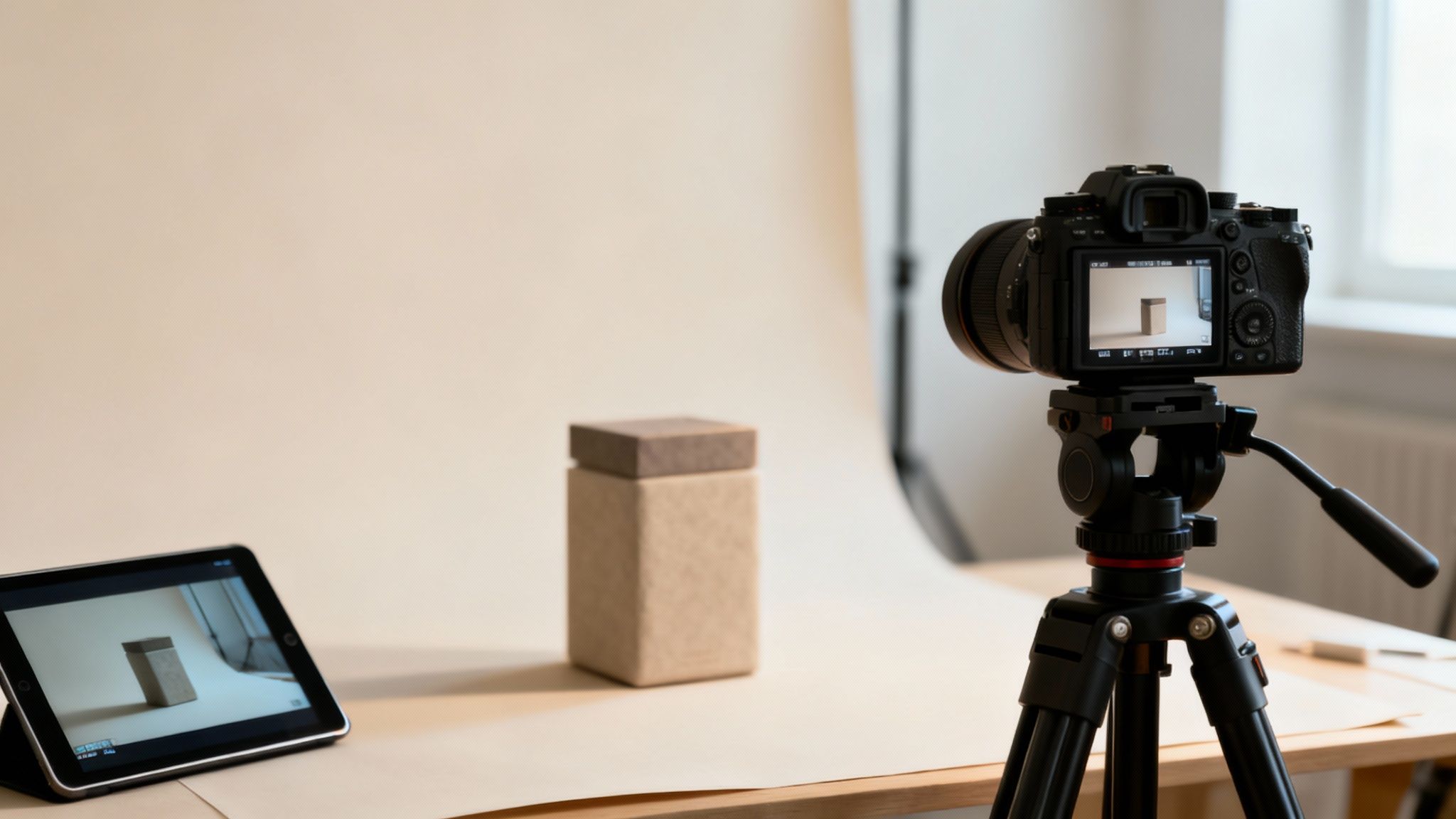 A professional product photography setup with a camera on a tripod, an iPad, and a beige container.