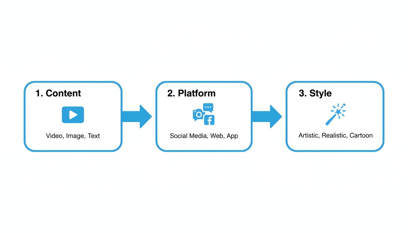 Flow diagram showing content (video, image, text) to platform (social media, web, app) to style (artistic, realistic, cartoon).