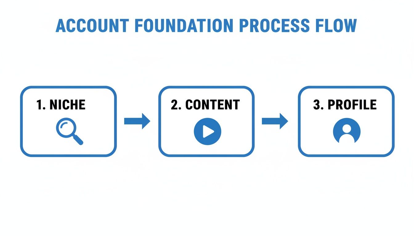 A three-step process flow diagram illustrating account foundation: Niche, Content, and Profile.