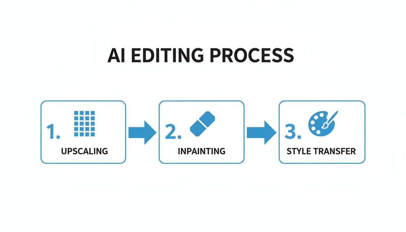 Flowchart illustrating the three-step AI image editing process: upscaling, inpainting, and style transfer.