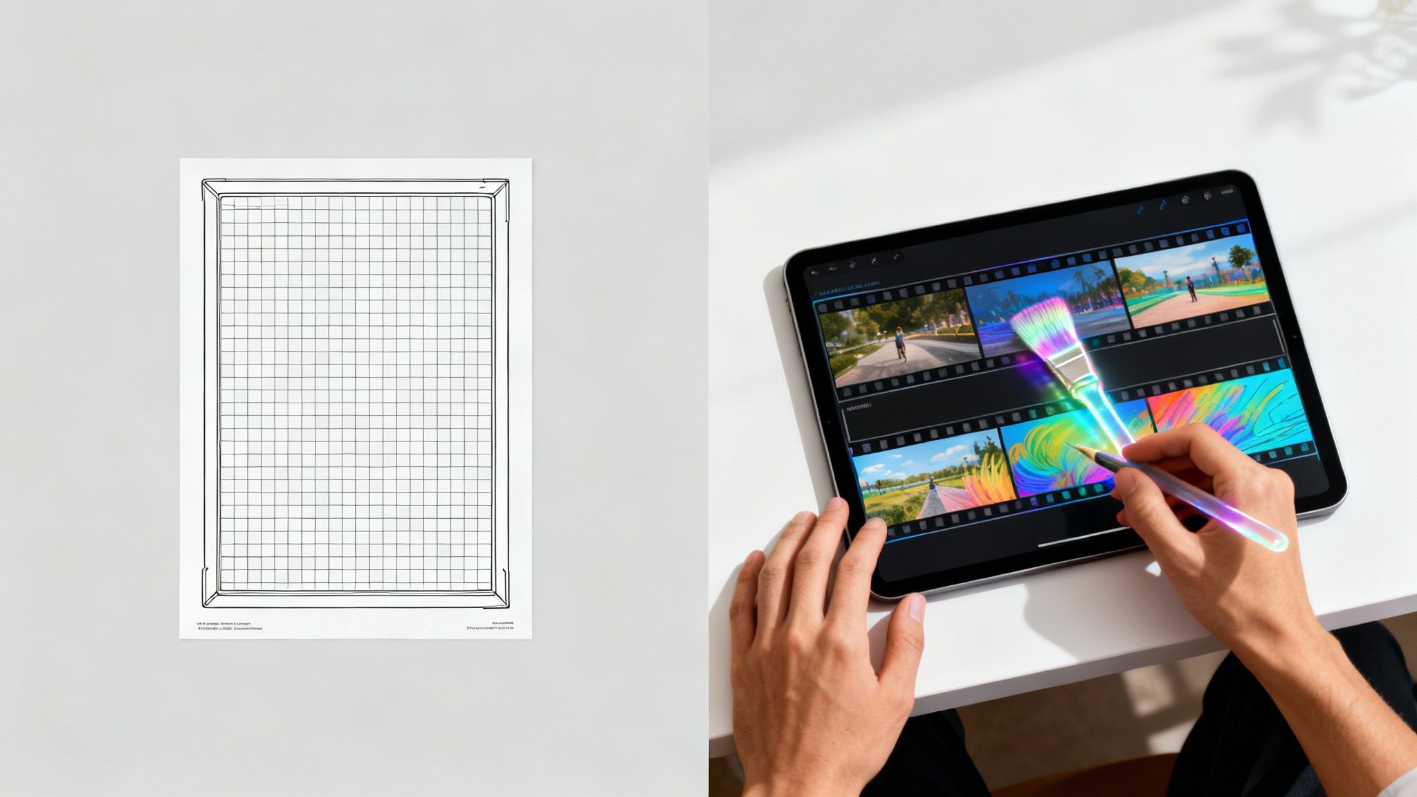 A person uses a stylus on an iPad displaying a video editor with colorful brush effects and video clips, next to grid paper.