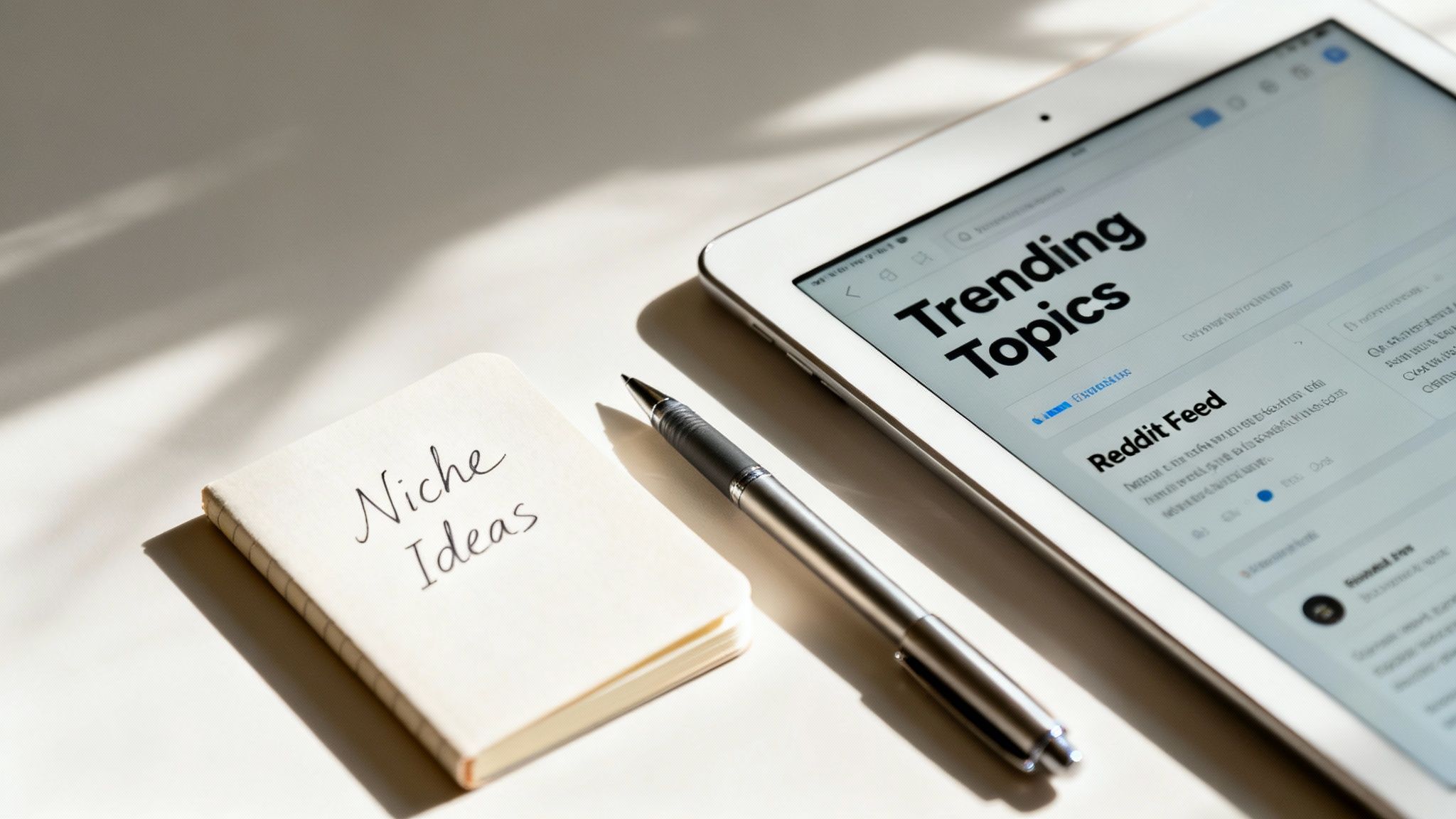 A white tablet displaying 'Trending Topics' and a notebook with 'Niche Ideas' along with a pen.