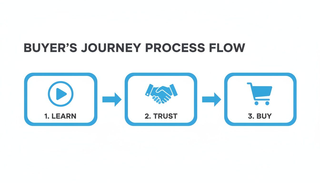 A three-step buyer's journey process flow diagram illustrating the stages of learn, trust, and buy.