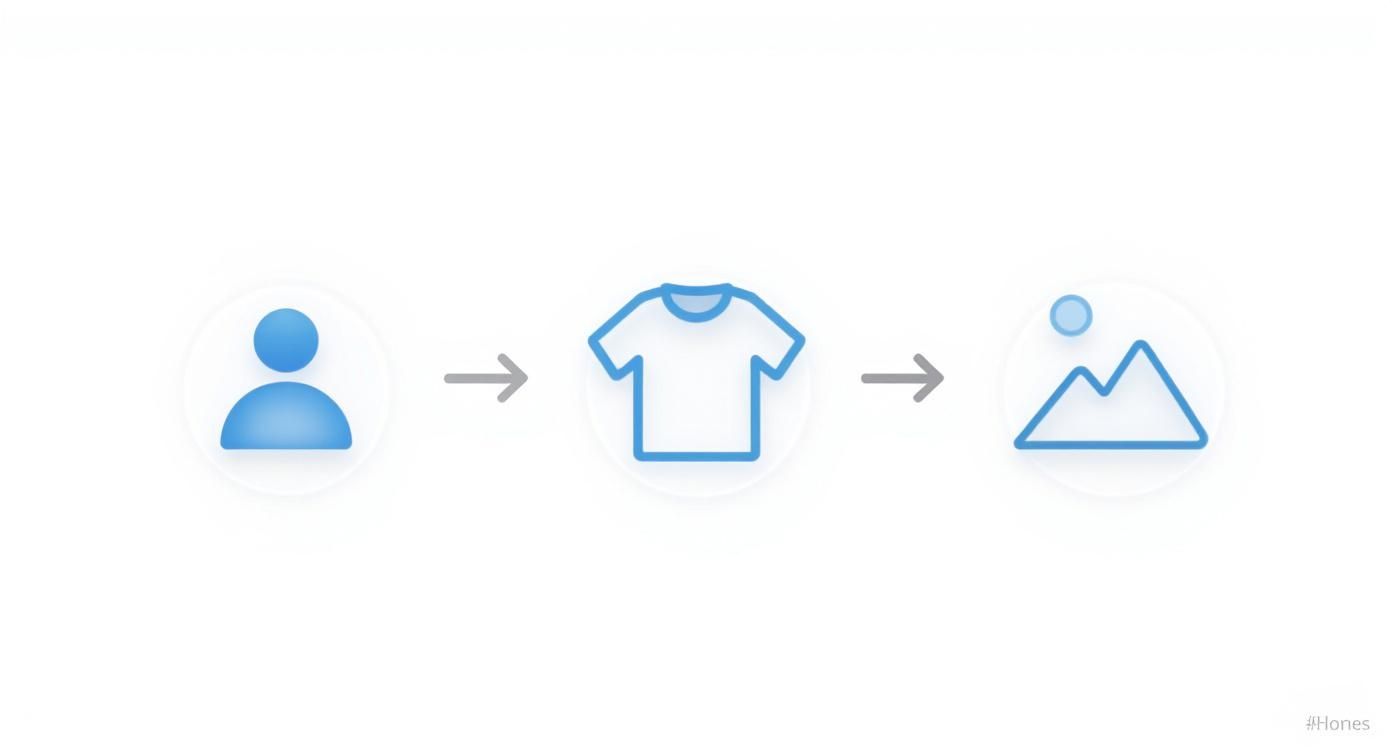 Process flow diagram showing person icon leading to t-shirt then to landscape image icon