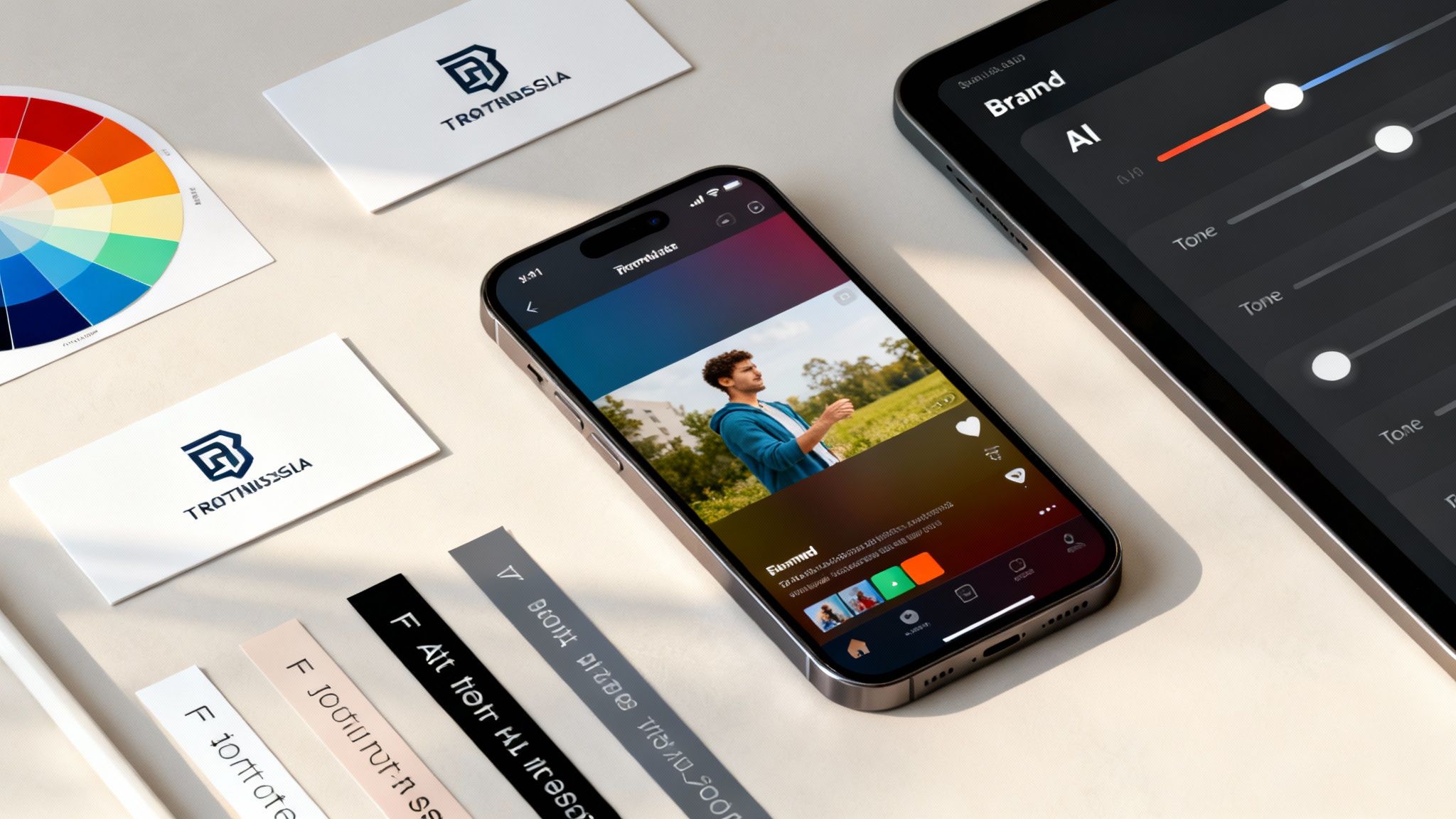 A flat lay of a modern design workspace with a smartphone displaying a video, business cards, a color wheel, and design elements.