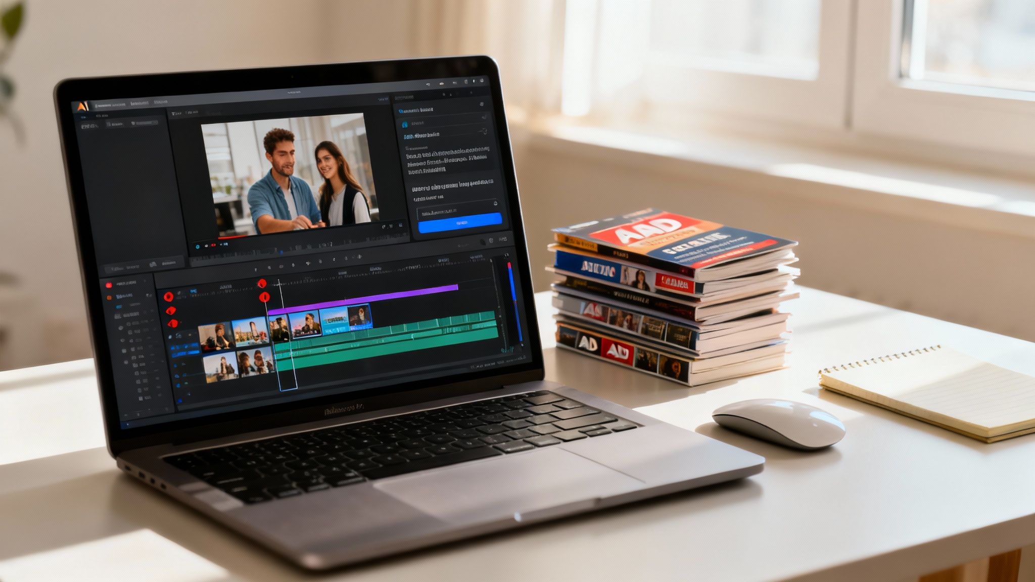 A laptop running video editing software on a white desk, with a stack of books and a mouse.