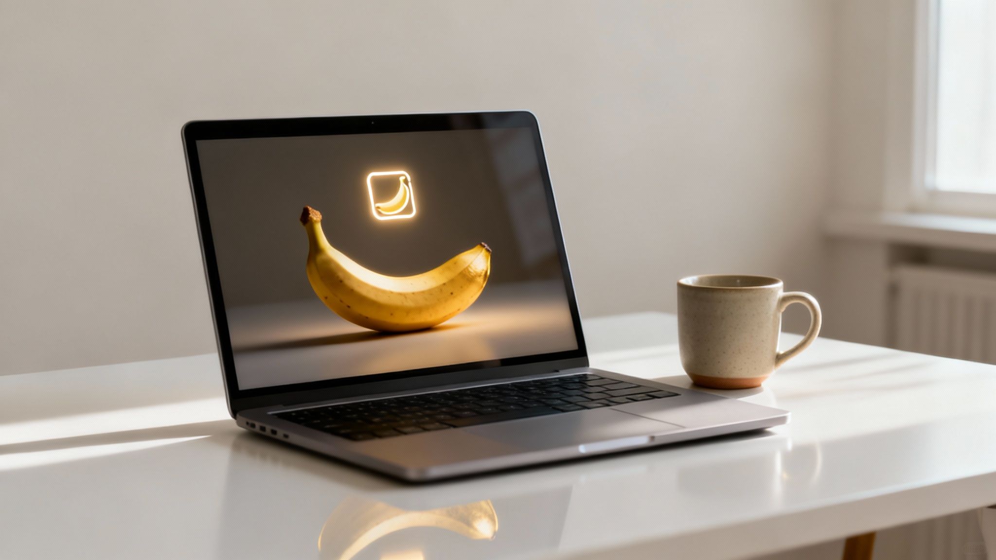 Laptop displaying glowing banana icon above real banana on white desk with coffee mug