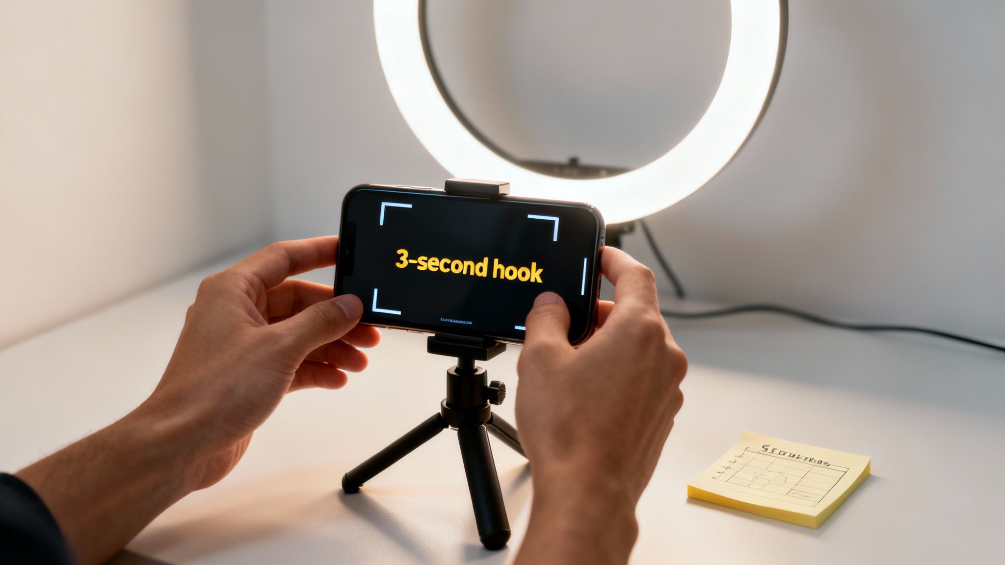 Hands hold a smartphone on a tripod displaying '3-second hook' text, illuminated by a ring light.