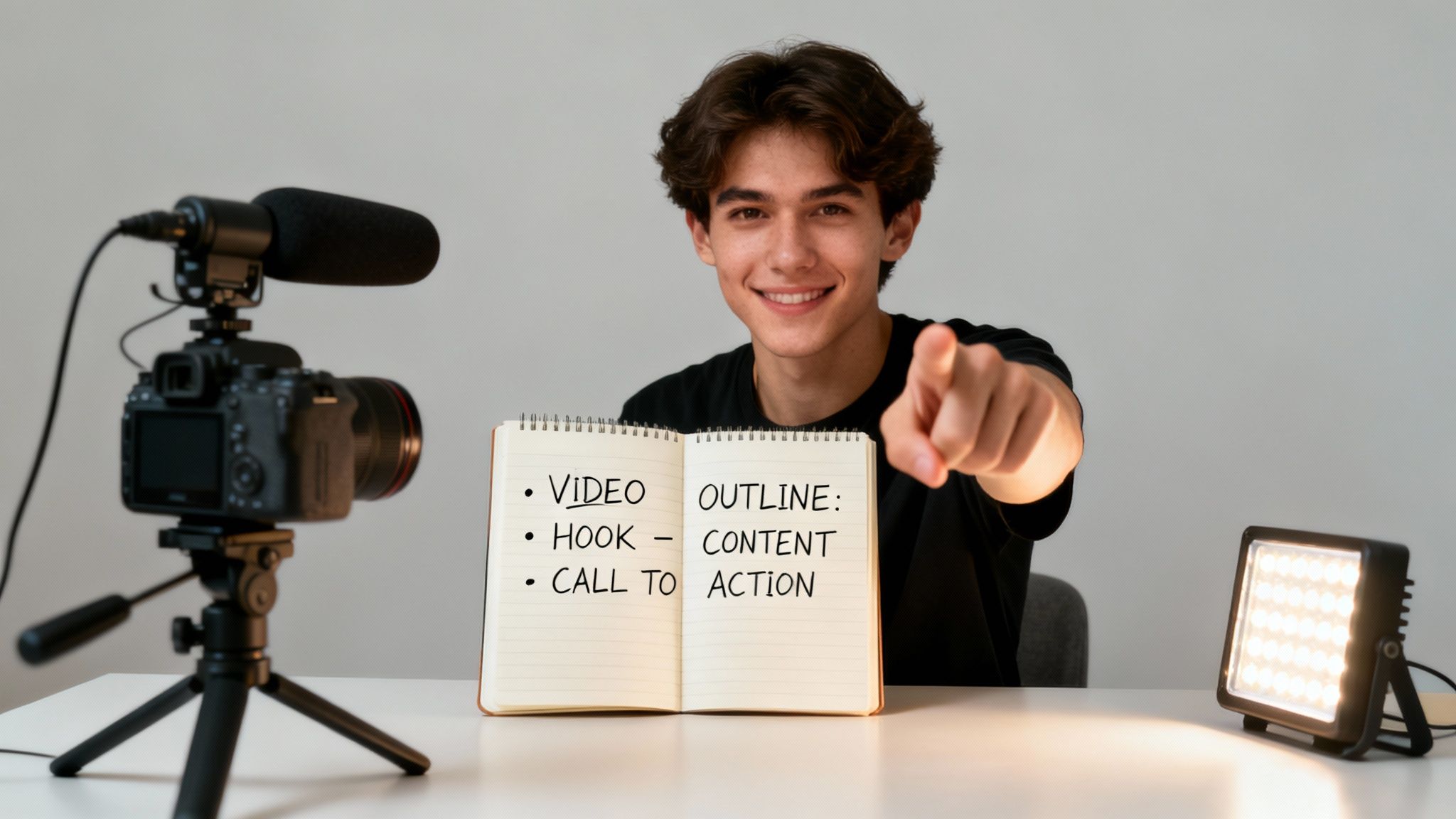A smiling young man points at the camera, showing a notebook with a video outline for content creation.