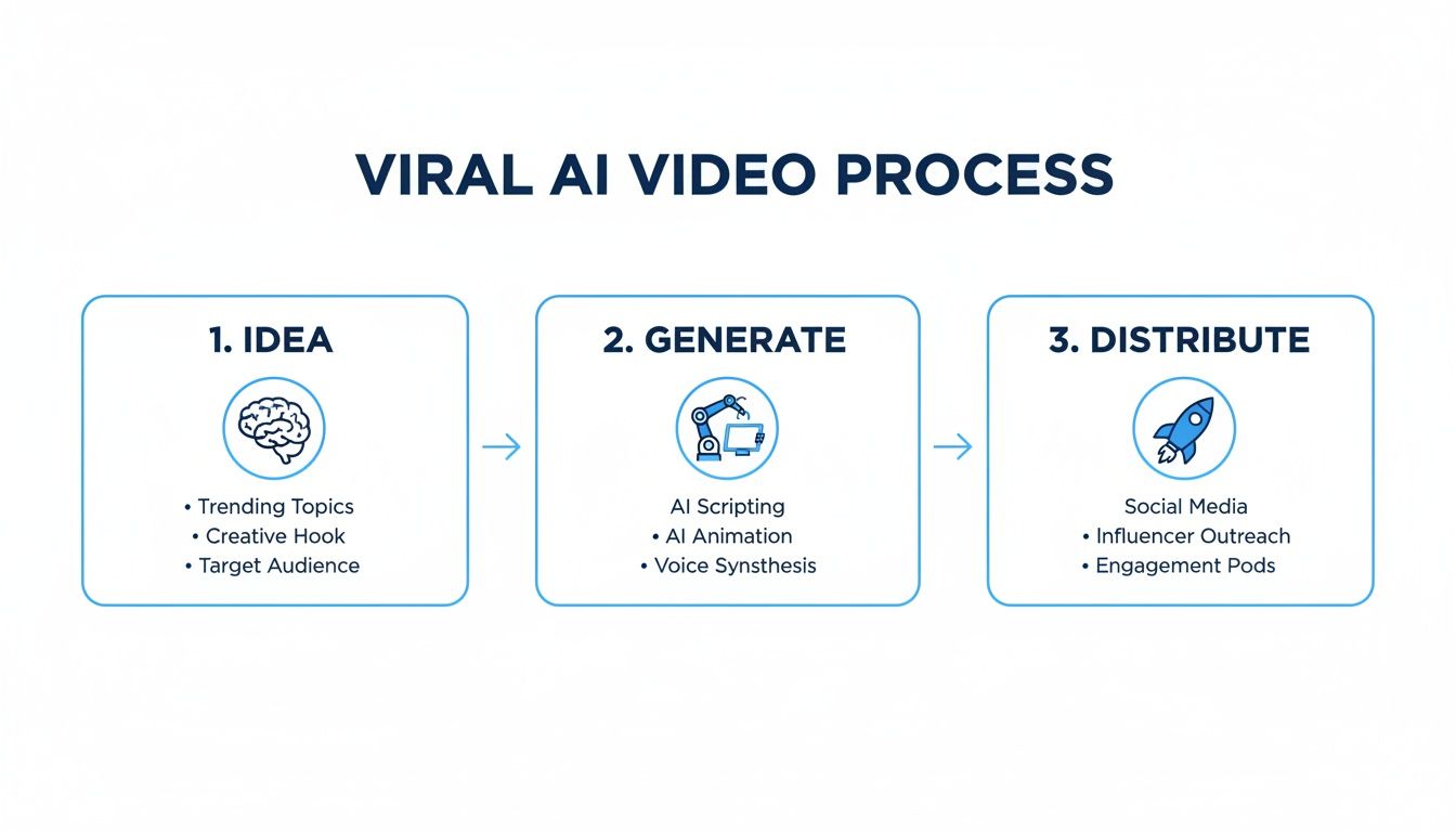 A flowchart detailing the viral AI video process: Idea, Generate (AI scripting, animation, voice), and Distribute.
