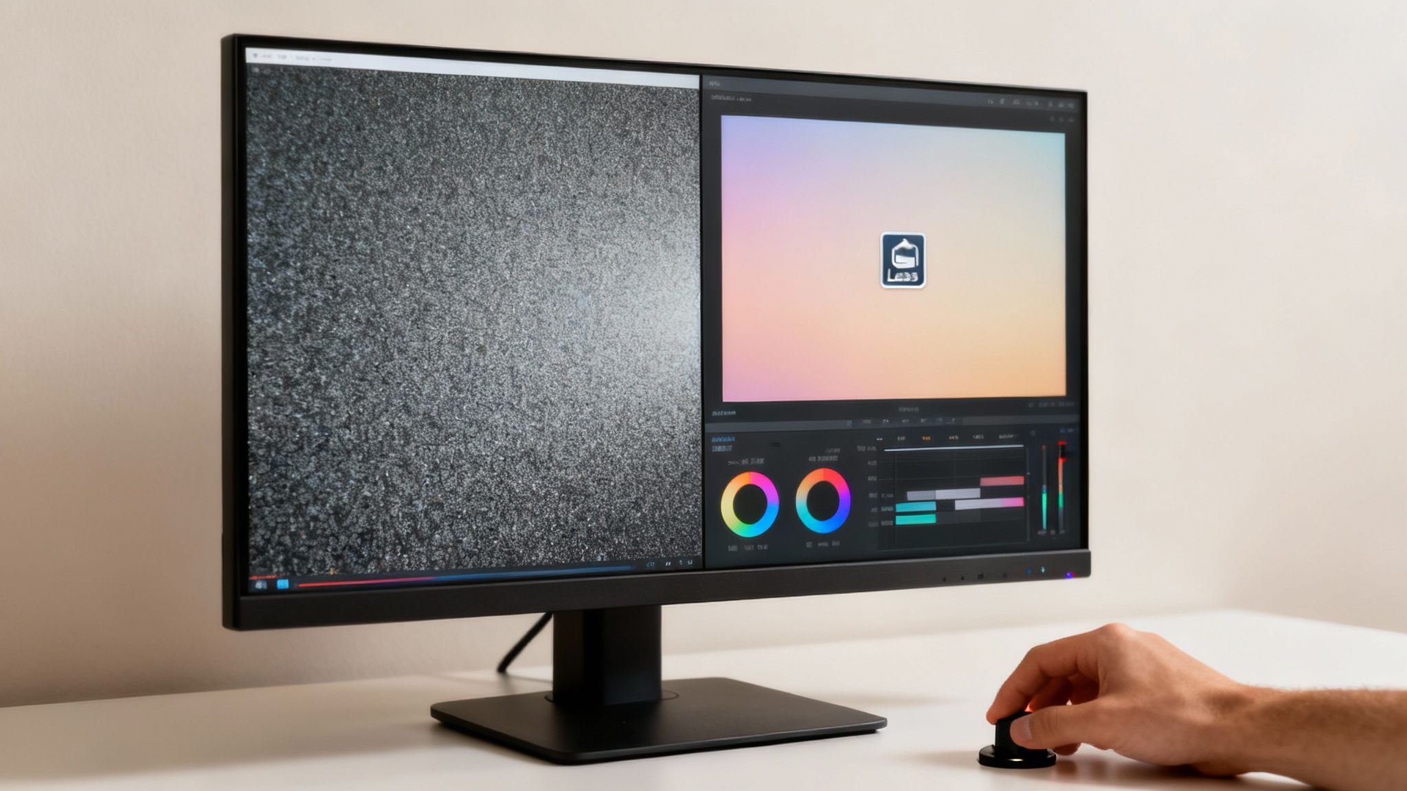 A video editor fine-tuning color correction settings on a computer screen.