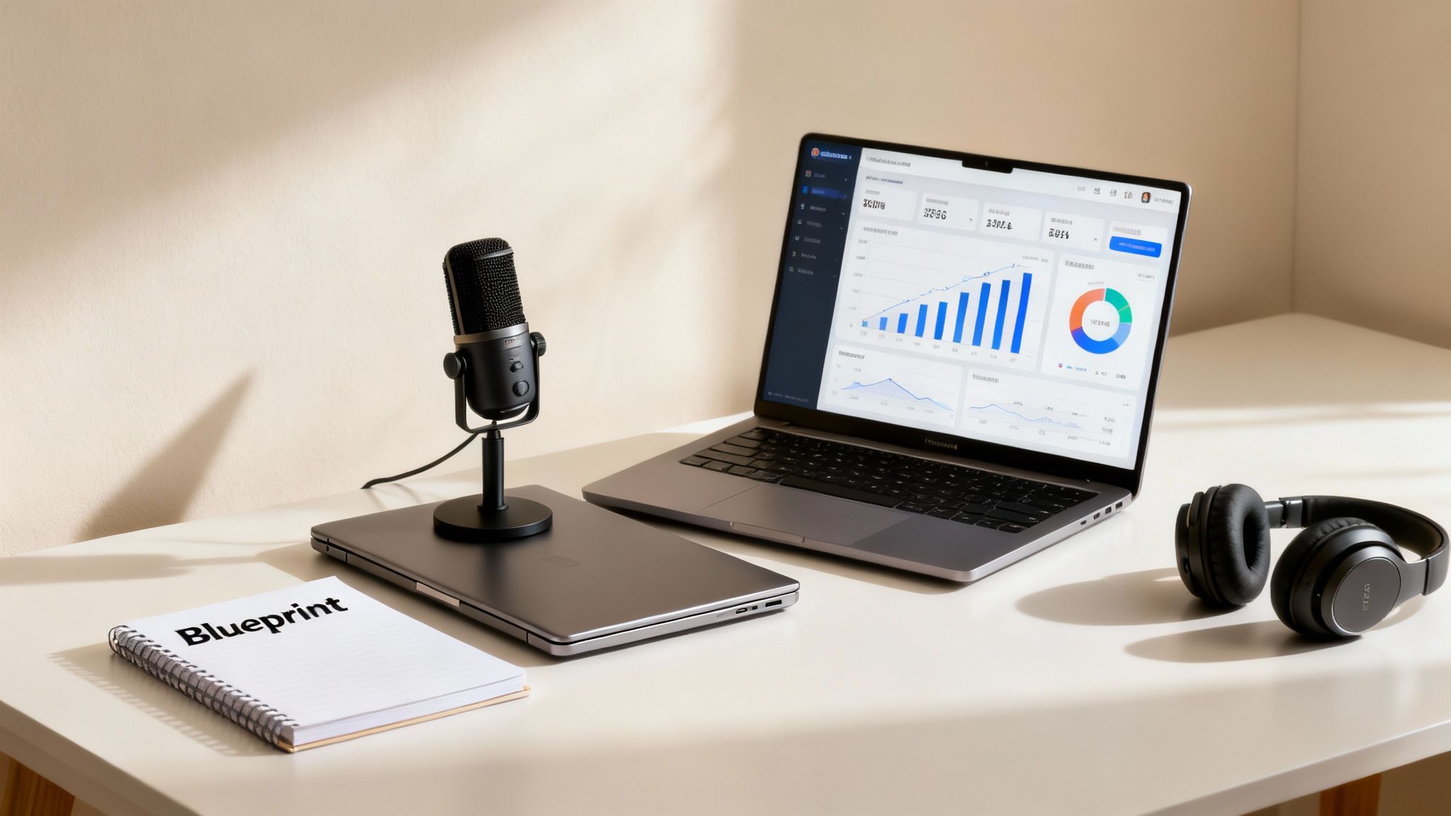 A modern workspace with a laptop showing data charts, a microphone, headphones, and a blueprint notebook.