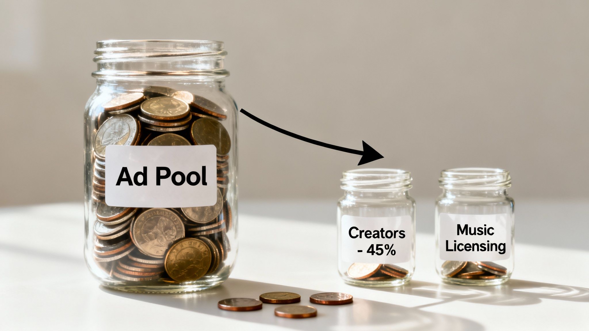 A large jar of coins labeled 'Ad Pool' divides into two smaller jars for 'Creators - 45%' and 'Music Licensing'.