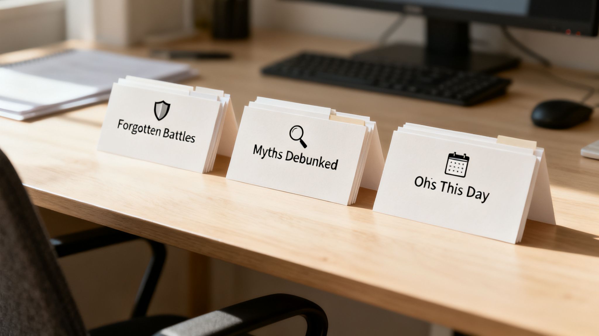 Three white cards titled "Forgotten Battles," "Myths Debunked," and "On This Day" on a wooden desk.